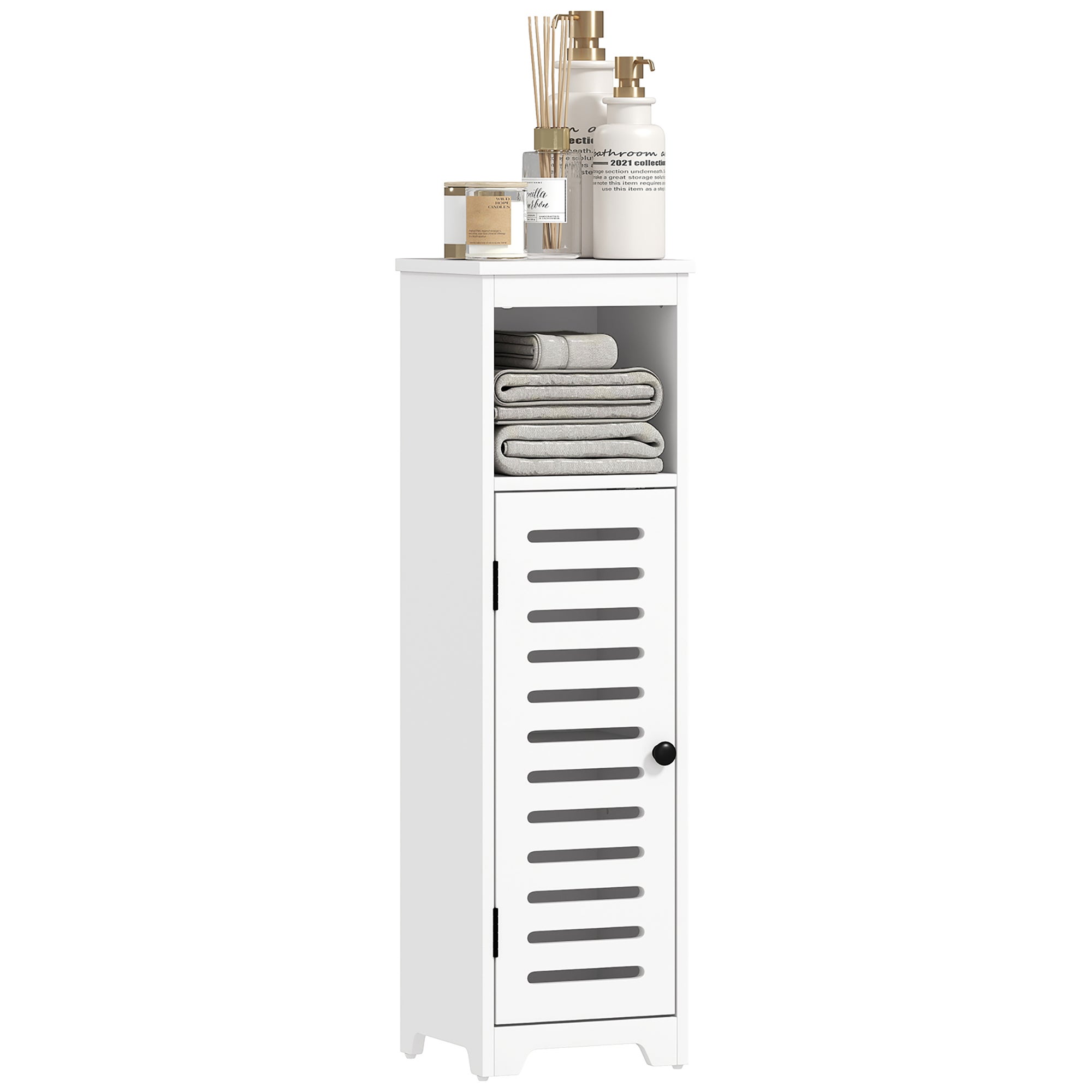 Mueble de baño, armario de baño de 4 niveles con puerta de lamas, estante abierto, 22x20x75cm, blanco