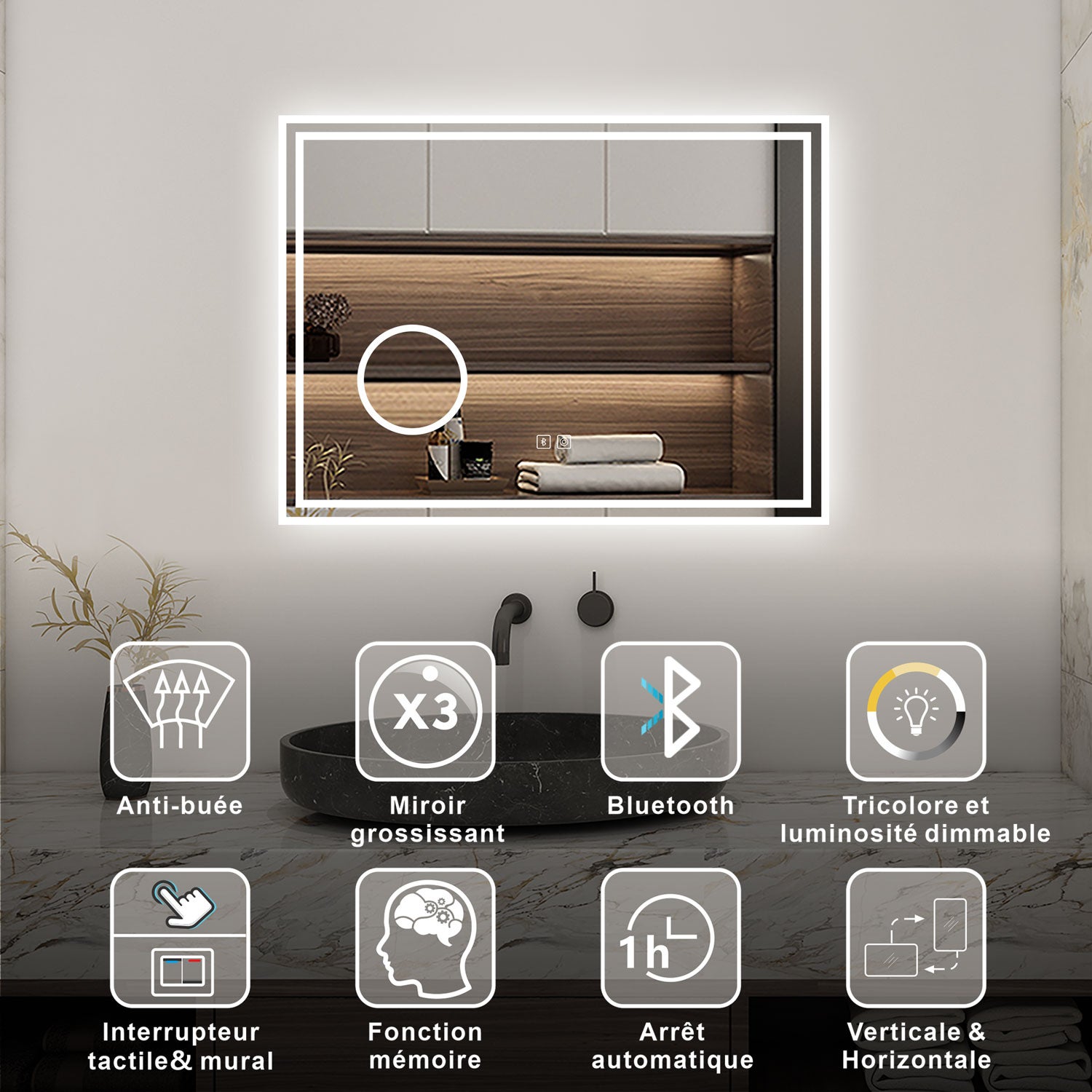 AICA Miroir lumineux 80 x 60cm, bluetooth + 3 couleurs + dimmable + grossissant + anti-buée + mémoire, miroir salle de bain mural - 2