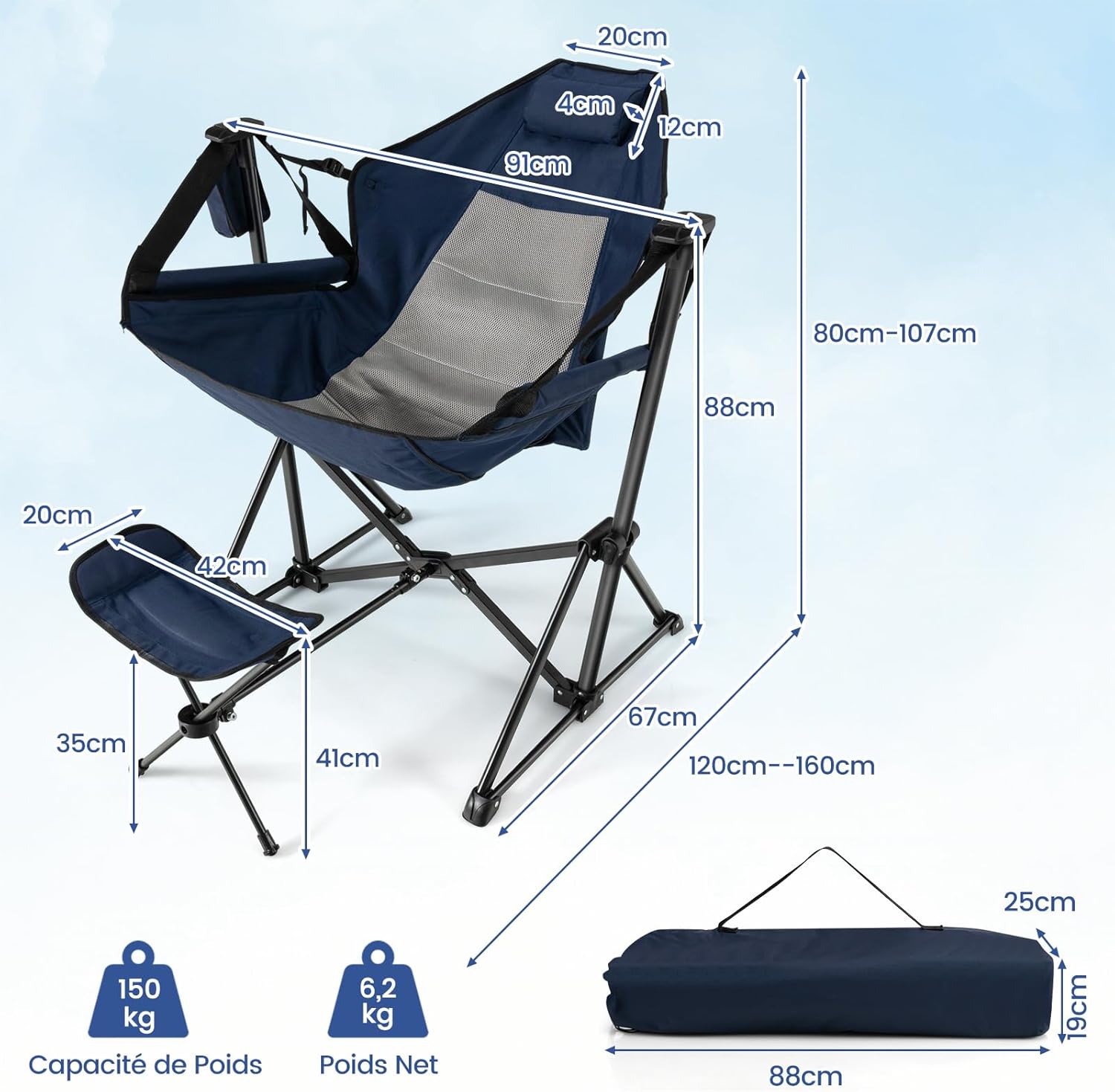 TENPLAY Sedia Reclinabile Da Campeggio Leggera 2,5kg Con Poggiatesta E Borsa - Portata 150kg