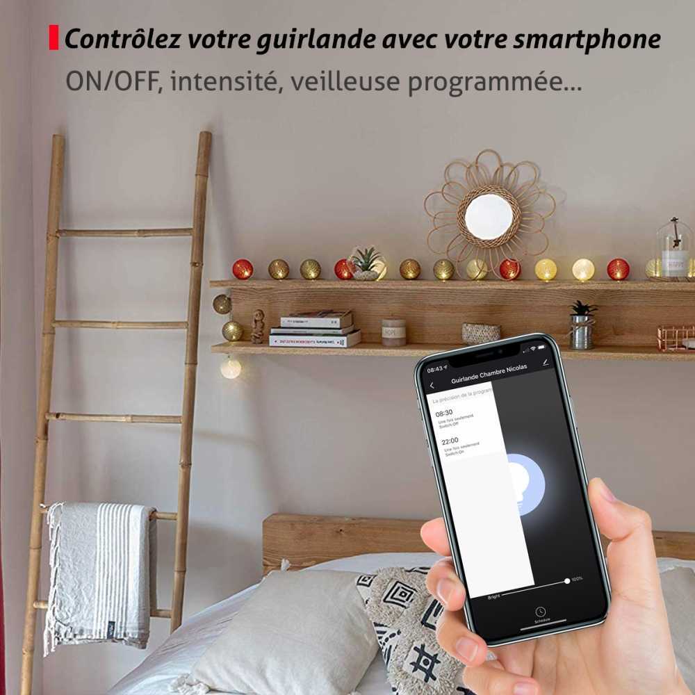Guirlande lumineuse wifi boules coton LED USB - Alexa & Google Assistant - Adaptateur secteur 2xUSB inclus - 24 boules 4m - Byzantin - 5