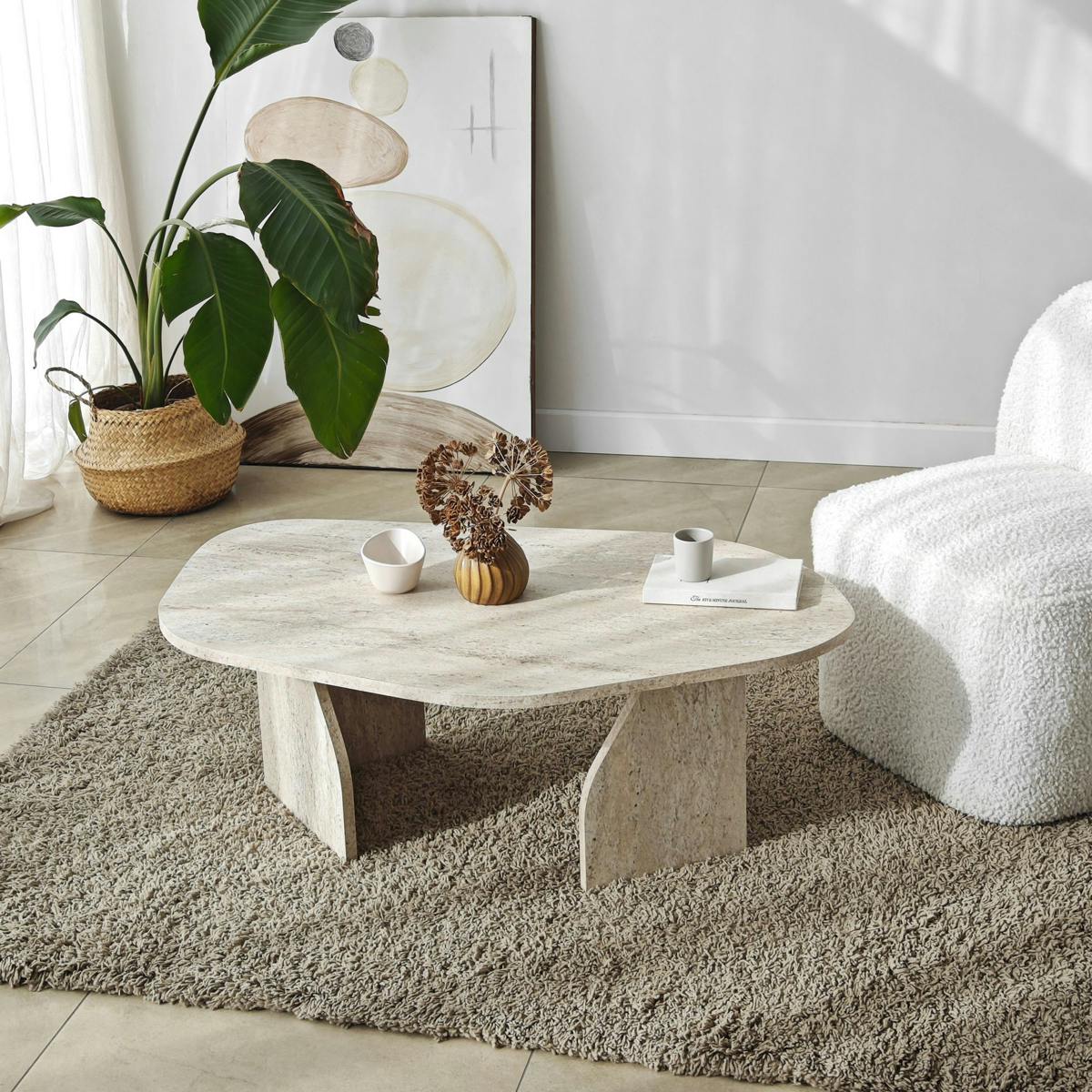 Table basse design effet travertin, forme galet MARFA - 5