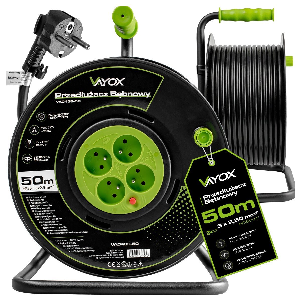 Przedłużacz bębnowy Vayox VA0436 50m 4 gniazda IP20, H05VV-F 3G2.5, Czarny