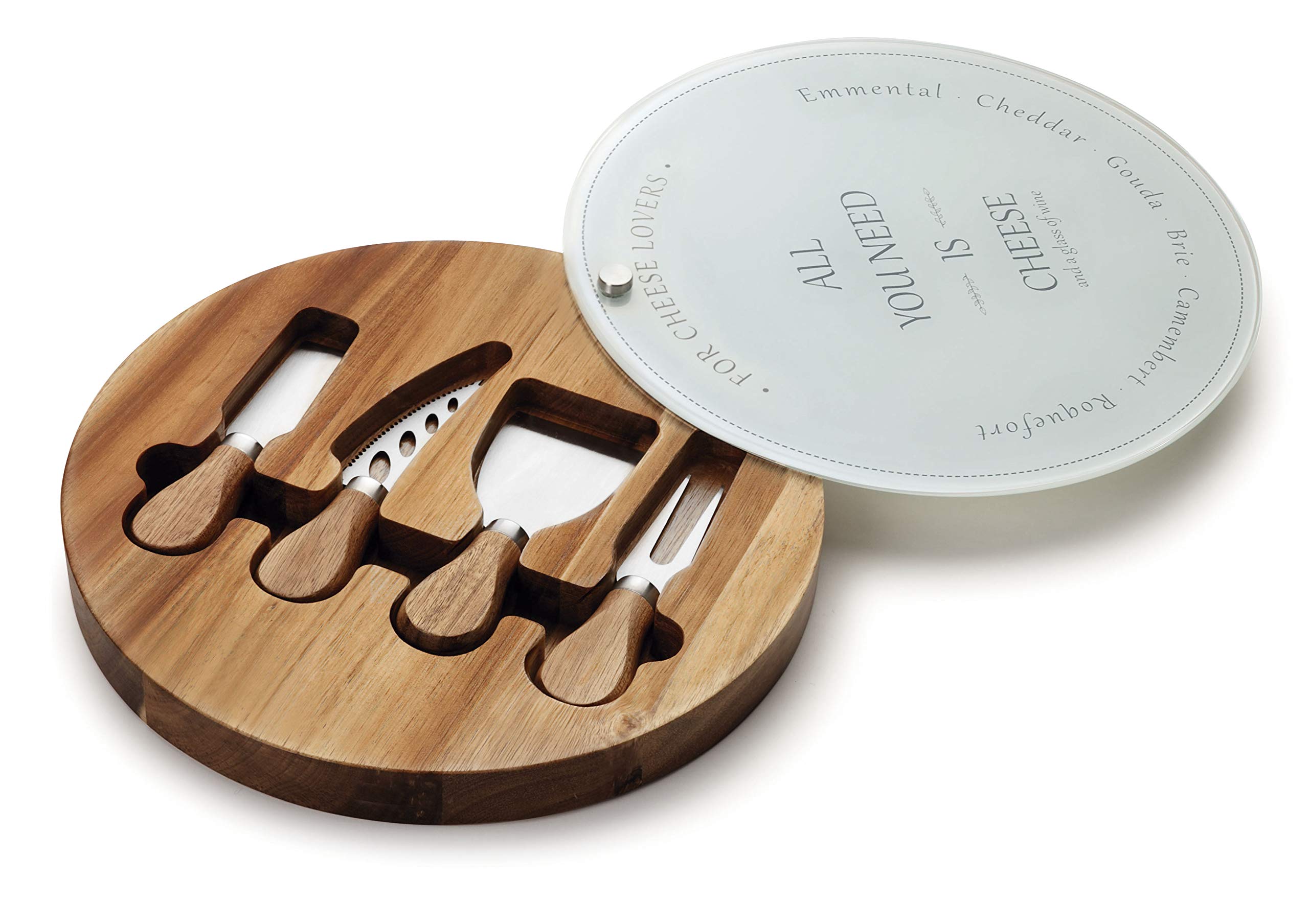Set Di 4 Coltelli Per Formaggio Lacor Su Tagliere In Legno Di Acacia E Superficie In Vetro – 27x27 Cm, Eleganza Per La Tua Tavola