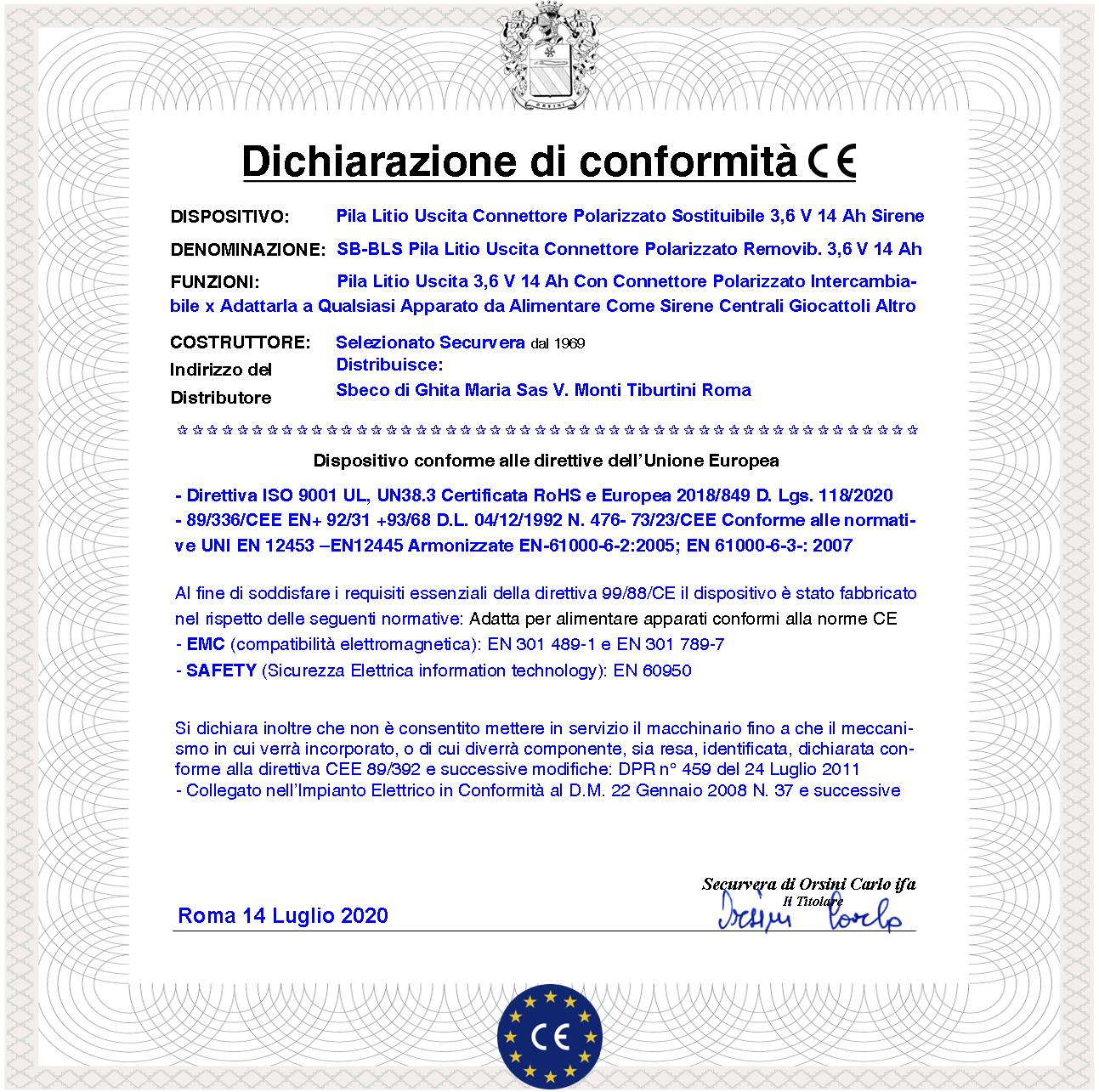 Pila litio ER34615M 3,6 V 14 Ah Batteria Non Ricaricabile Ricambio Compatibile Sirena Bentel Tecnoallarm Connettore Polarizzato Dimensioni L62XØ34 mm - 2