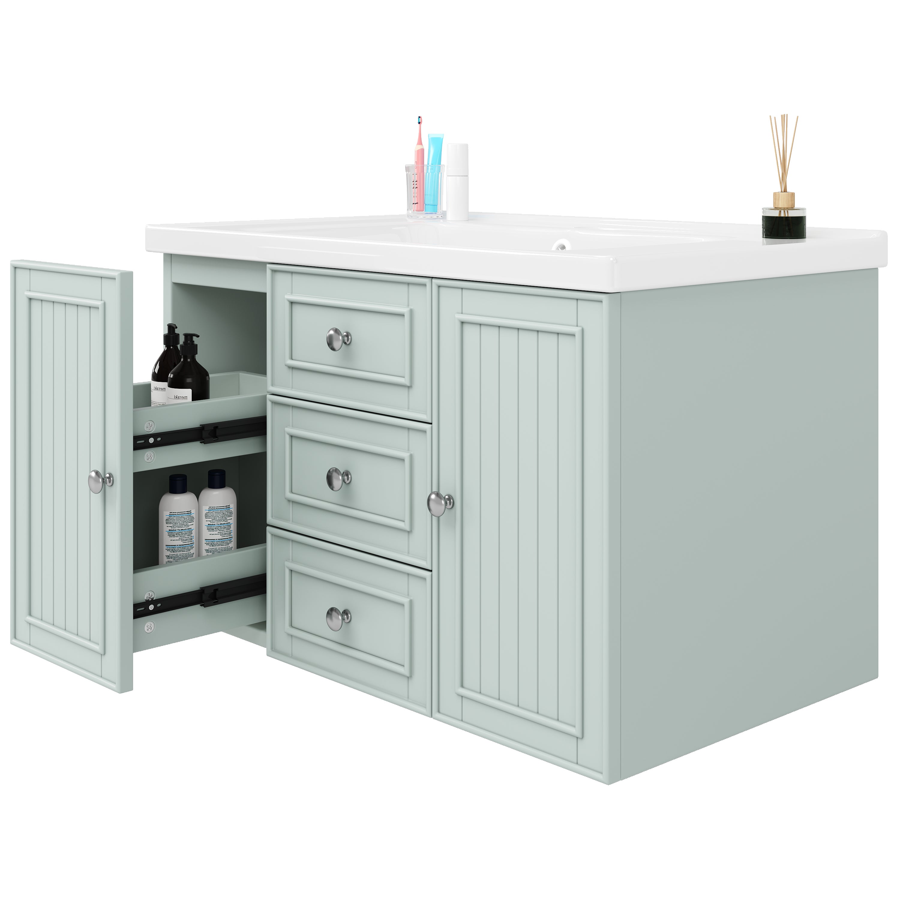 Meuble sous-vasque, meuble de salle de bain, meuble vasque avec 3 tiroirs, grand espace de rangement, meuble vasque mural, vert, 78,5 × 46 × 46,8 cm - 6