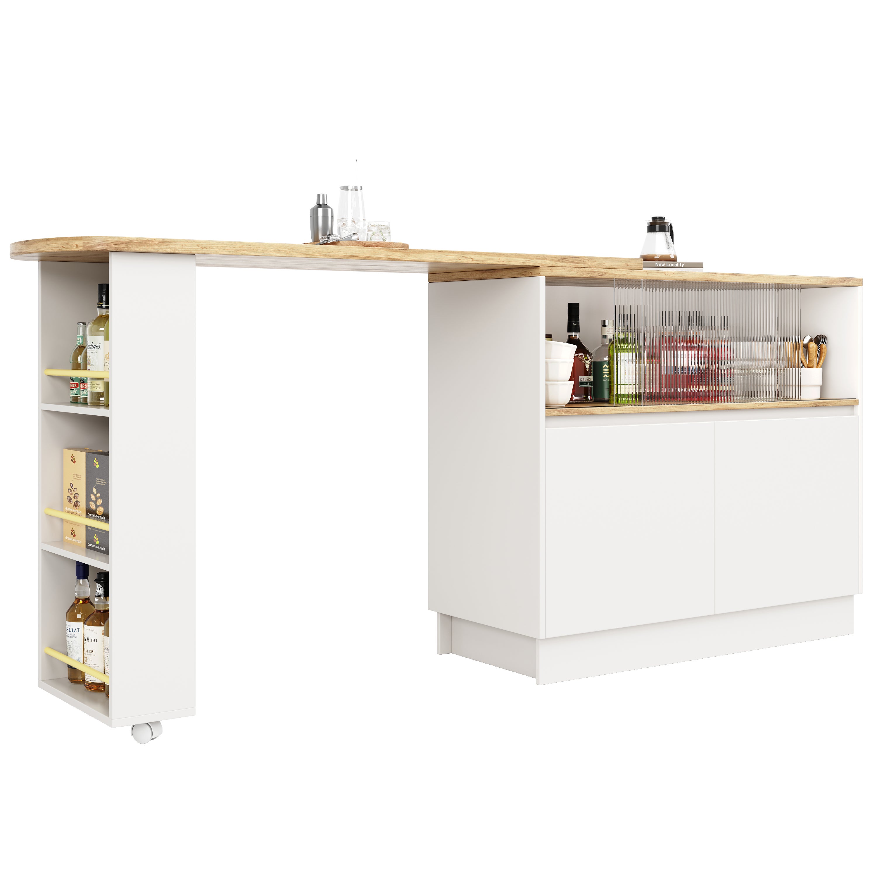 Table De Bar Extensible 360° Seyakany - Avec Rangement Et Porte Vitrée - Blanc