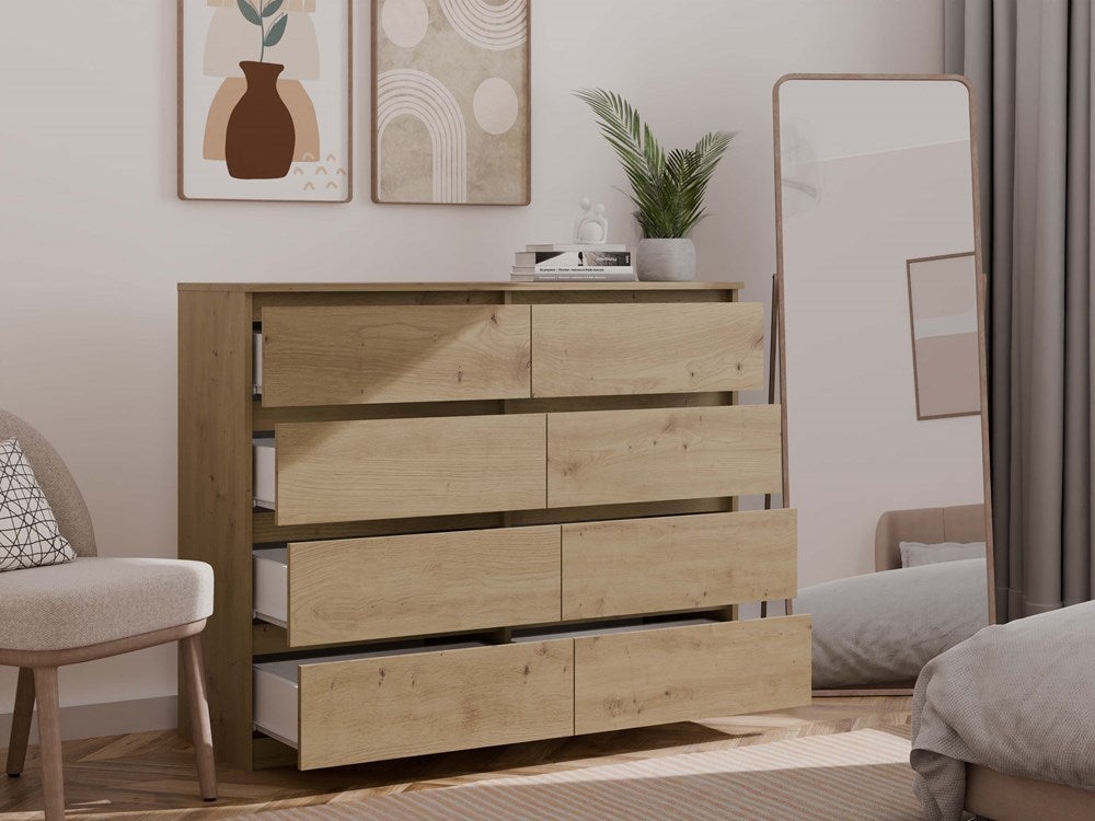 MILAN - Commode moderne grande 8 tiroirs chambre salon - Dimensions 97x120x40 - Design minimaliste - Meuble de rangement - Chêne - 8