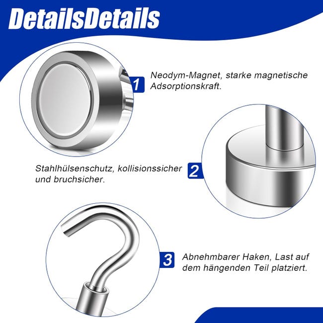 Ganci Magnetici Extra Forti 4 Ganci Magnetici Super Forti In Neodimio - Diametro 32 Mm, Portata Fino A 34 Kg Ciascuno, Colore Argento Ganci Magnetici Portata 34kg - Foto 10