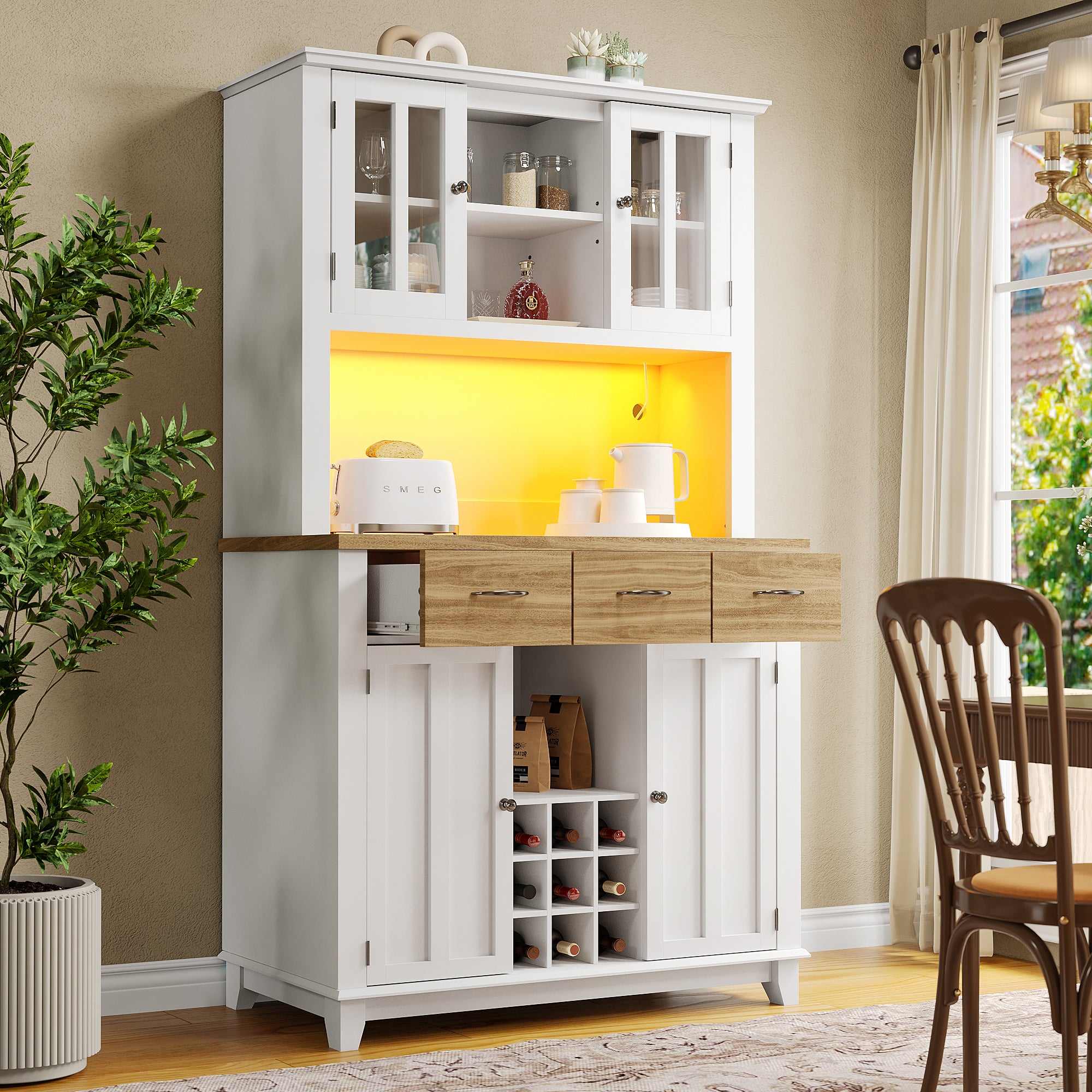Kredens kuchenny z 4 drzwiami i 3 szufladami - 106 x 40 x 179,5 cm - Płyta MDF - Diody LED - Regulowane półki - Biały - 4