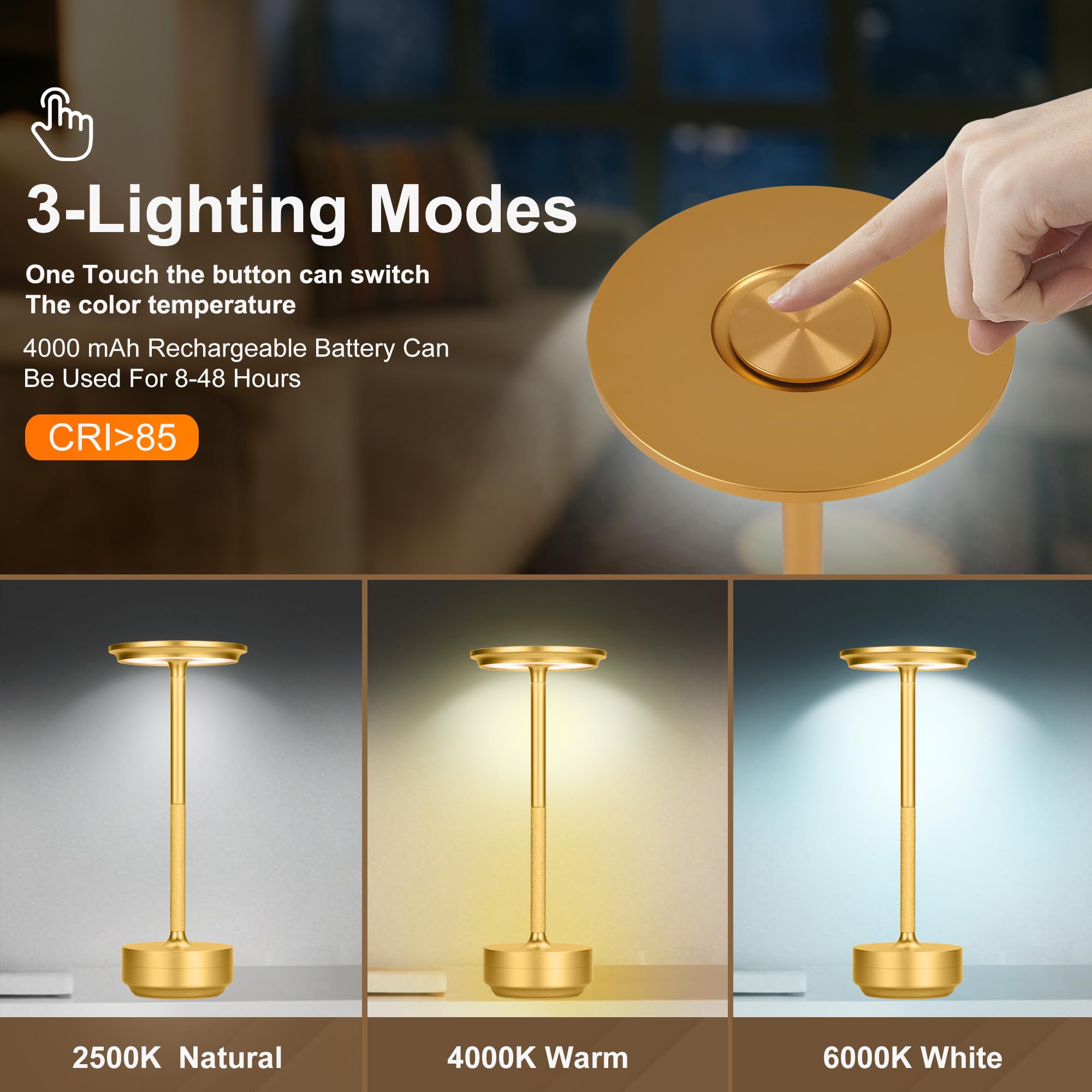 Lampe de table sans fil, lampe de chevet rechargeable, lampe d'extérieur portable à LED alimentée par batterie, 3 couleurs à intensité variable (or) - 2