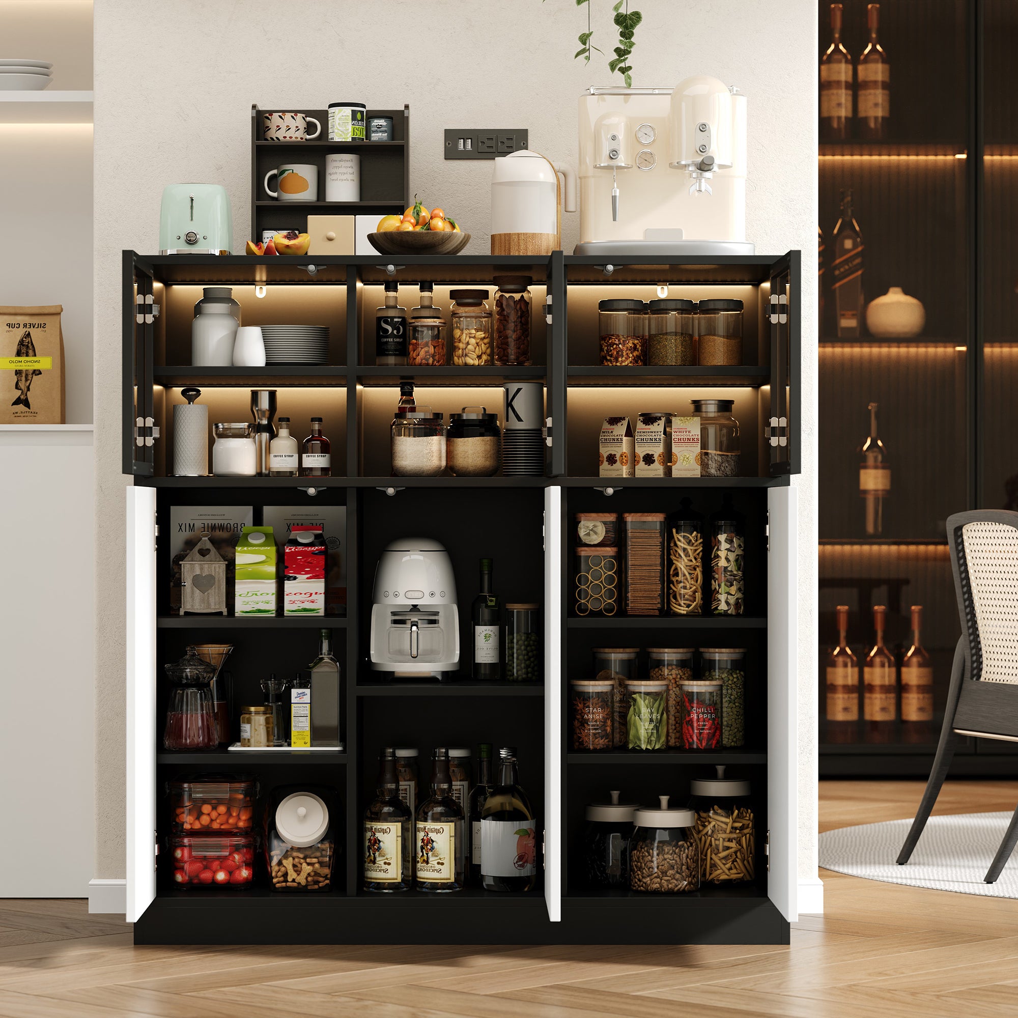 Kredens kuchenny z 3 drzwiami szklanymi i 3 drzwiami drewnianymi - 100 x 40 x 105 cm - diody LED - płyta wiórowa - biały