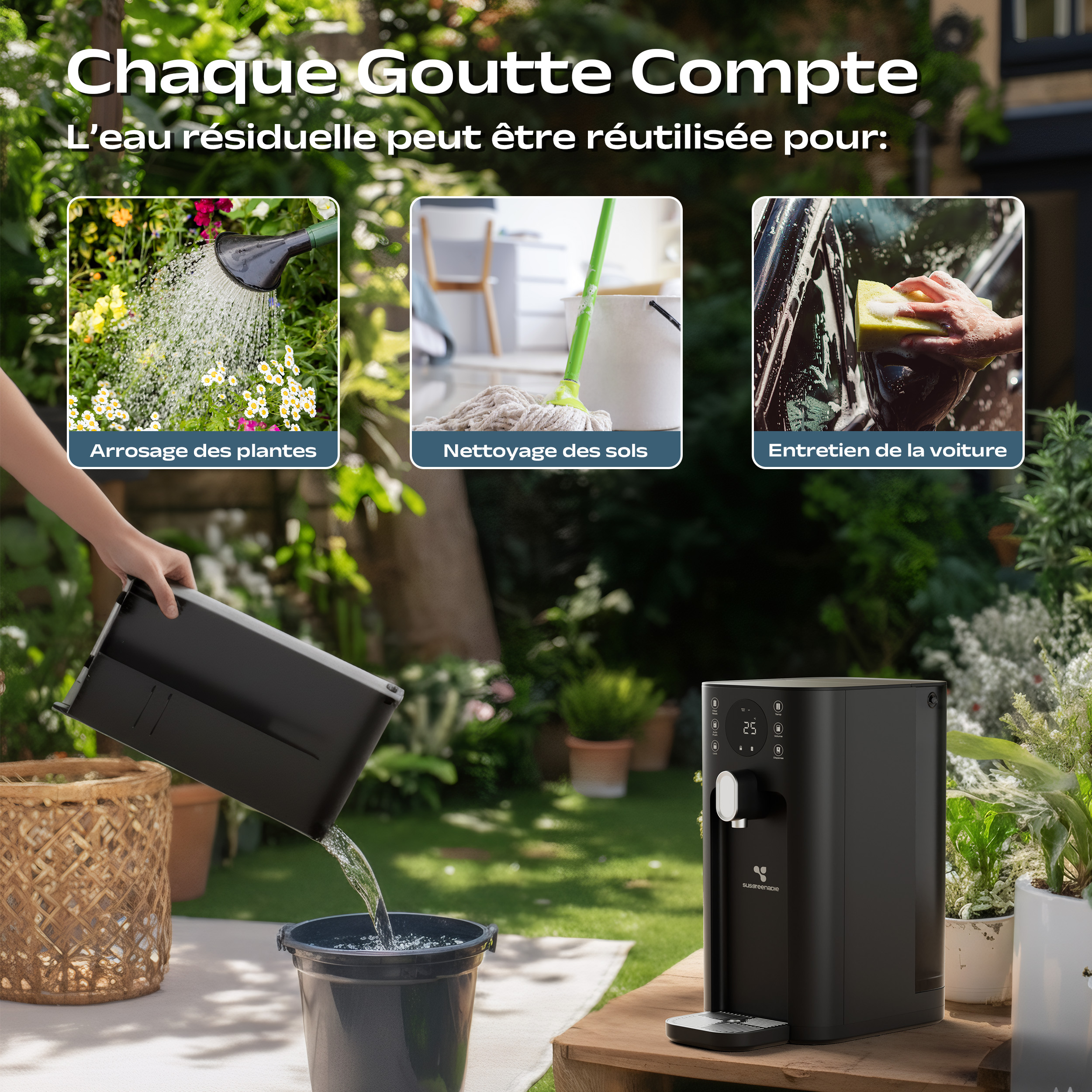 CIARRA x SUSGREENABLE Osmose inversa 5 em 1 sem instalação 5 etapas de filtração com UV Controlo TDS 4 níveis de temperatura SGIWDR03-B - 7