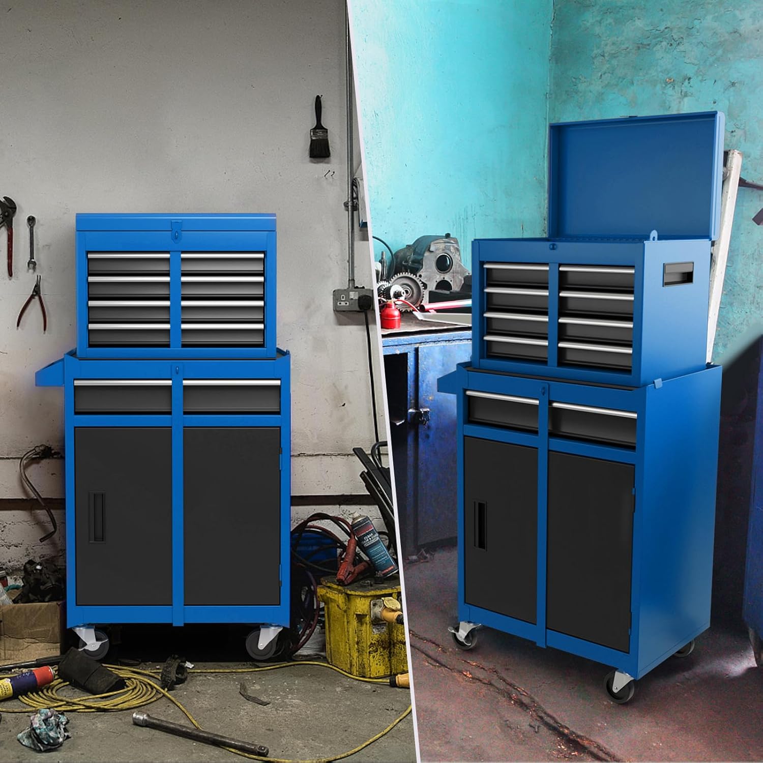 Servante Porte Outils à Tiroirs et Armoire de Rangement, Caisse à Outils Verrouillables Étagère Réglable Doublure, pour Garage Atelier (Bleu) - 8