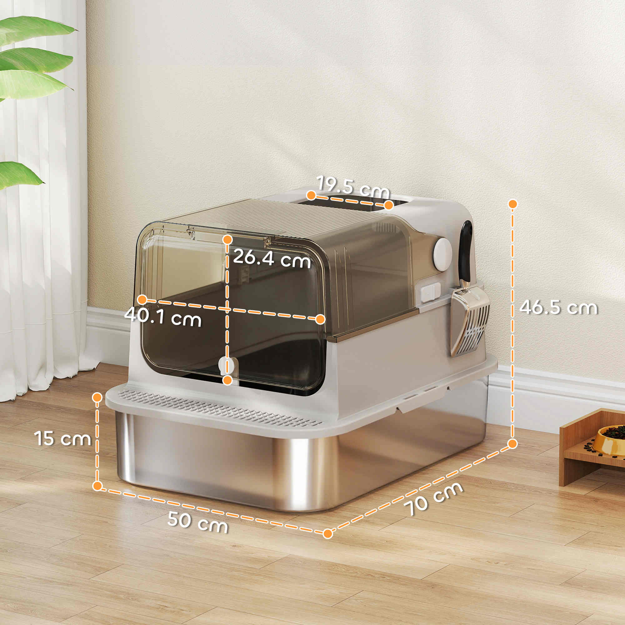 Caixa de Areia para Gatos PawHut Aço inoxidável, ABS e PP Prata e Cinzento 70x50x46,5 cm D31-136V00GY - 3