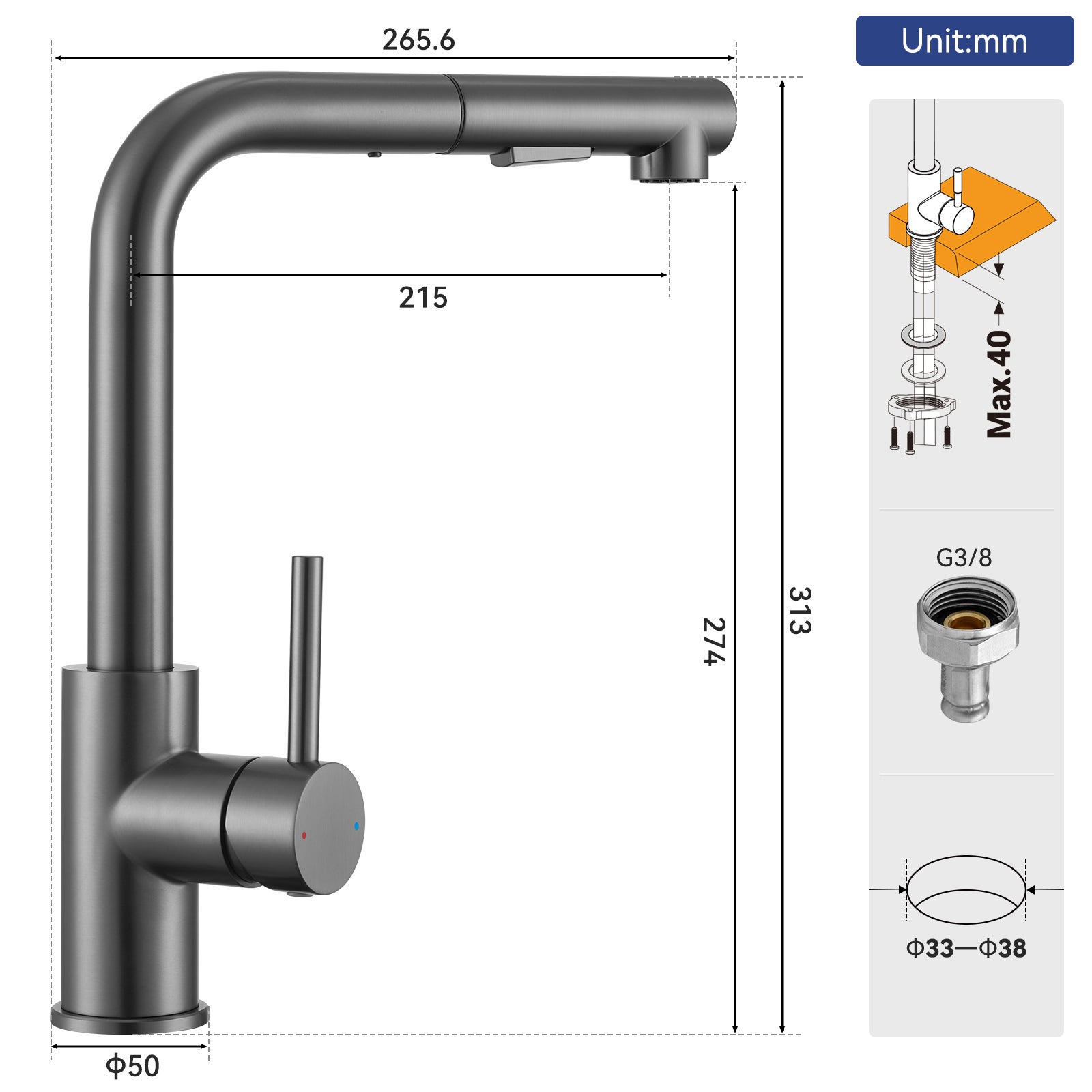 Robinet Cuisine avec Douchette Brossé gris anthracite, Mitigeur de Cuisine avec 2 Modes de Pulvérisation, Robinet d'évier Eau Froide/Chaude - 7