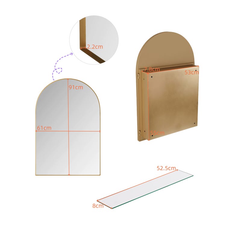 Armadio Specchio Arcuato Elegante con Cornice Metallica Dorata, Ripiani Regolabili, Installazione a Muro o Incassata, Ideale per il Bagno - 5