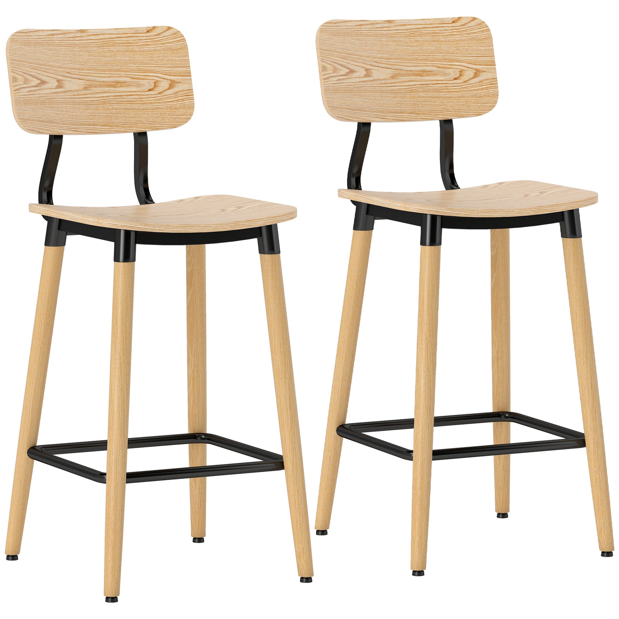 Lot De 2 Tabourets De Bar Sans Dossier - 65x32cm, Bois Et Métal Blanc, Pour îlot Cuisine Ou Bar - 11