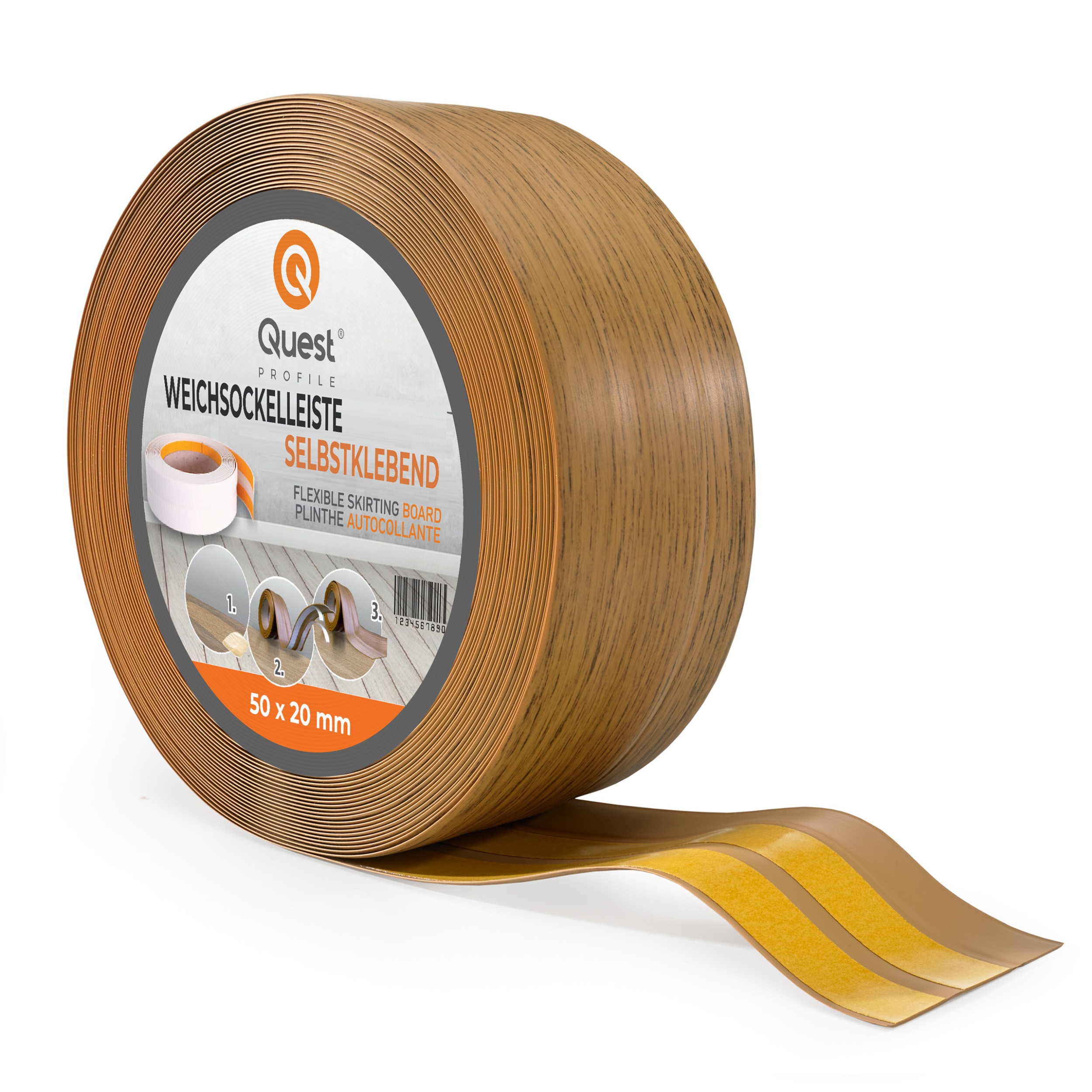 Quest rodapié pvc 50x20mm, 20m, autoadhesivo, rodapiés blando, zócalo blando, chêne