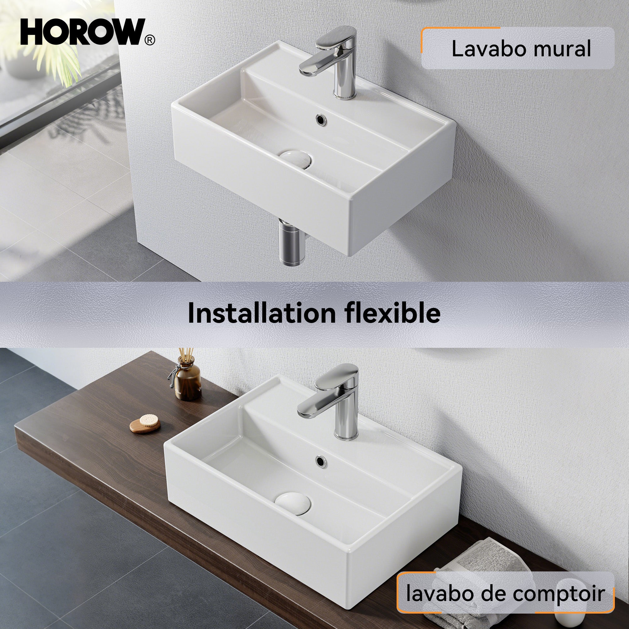 Lavabo en céramique, carré mural, vasque invité, vasque murale ou à poser avec trou pour robinet et trop-plein, 45 x 31 x 13,5 cm HOROW - 3