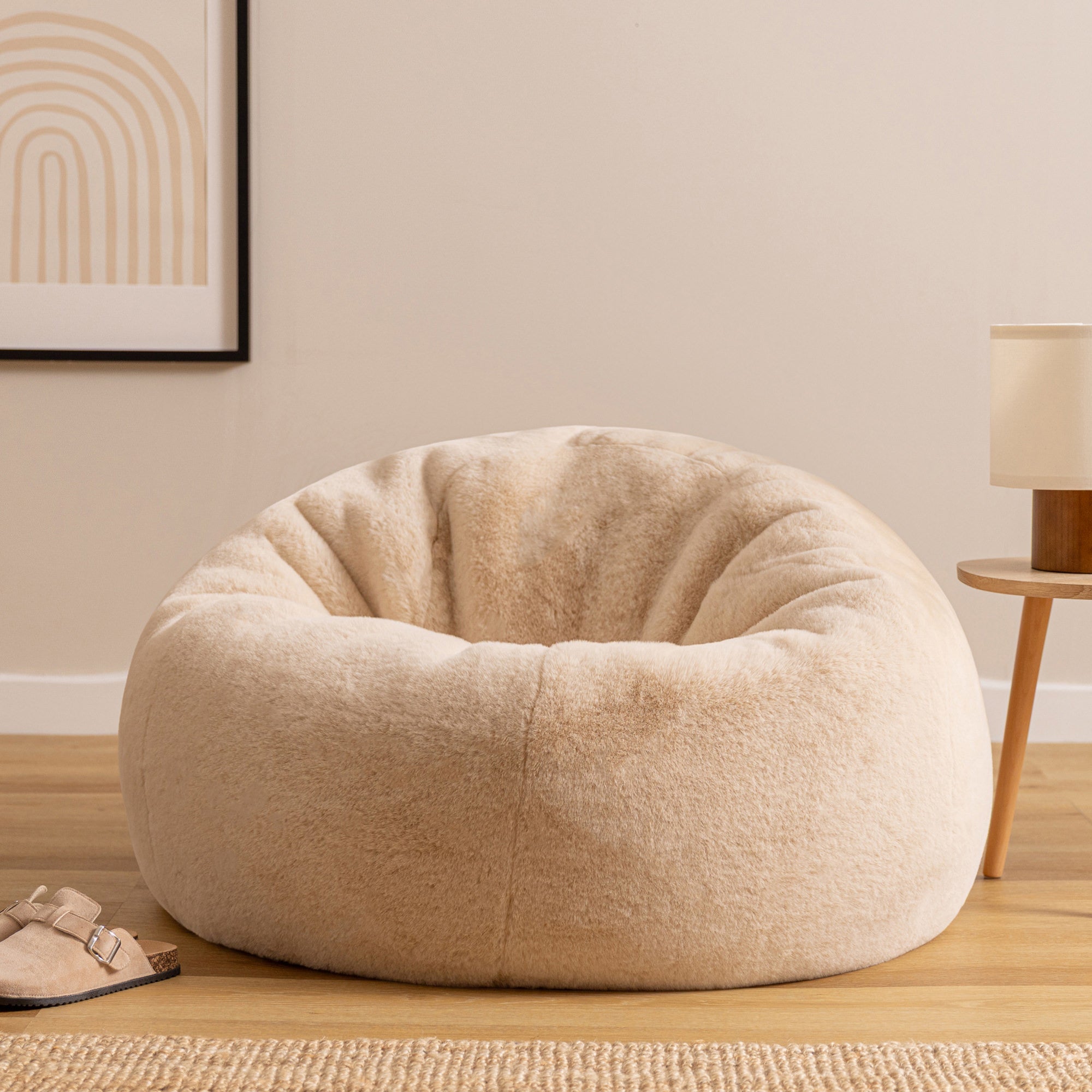 Pouf classique Icon en imitation fourrure luxueuse de lapin, beige, salon, chambre, 85x85cm, Made in Allemagne, Oeko-Tex® - 2