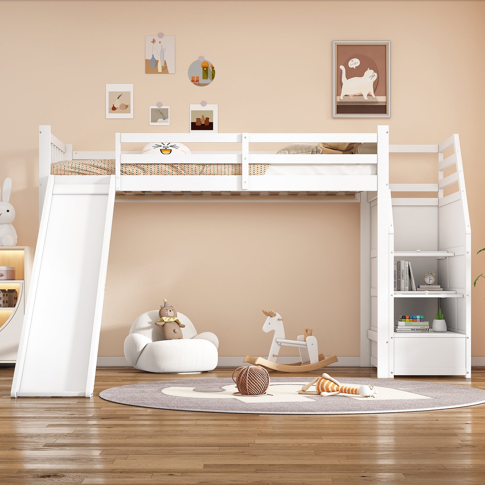 Łóżko piętrowe 90 x 200 cm z 3 szufladami i prowadnicami - drewno sosnowe + płyta MDF - stelaż listwowy - kolor biały