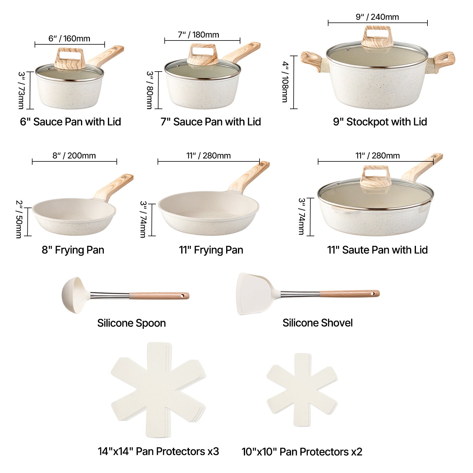 Batería de cocina antiadherente SucceBuy de granito de 17 piezas, compatible con inducción, sartenes, cazos, sauteuse, tapas de vidrio, blanca - 2