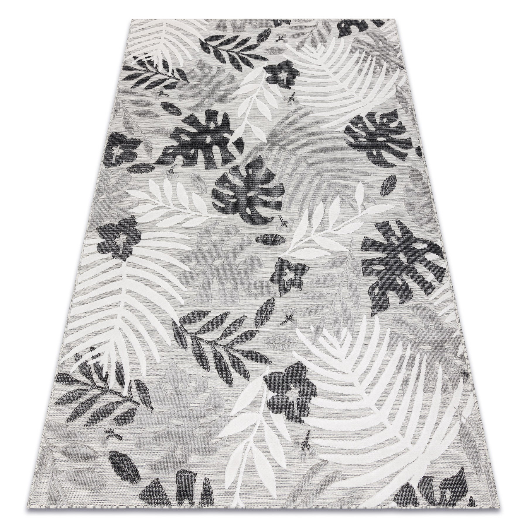 Alfombra estructural botanic 65245 hojas de monstera tejido plano en el balcón, terraza - gris 157x220 cm
