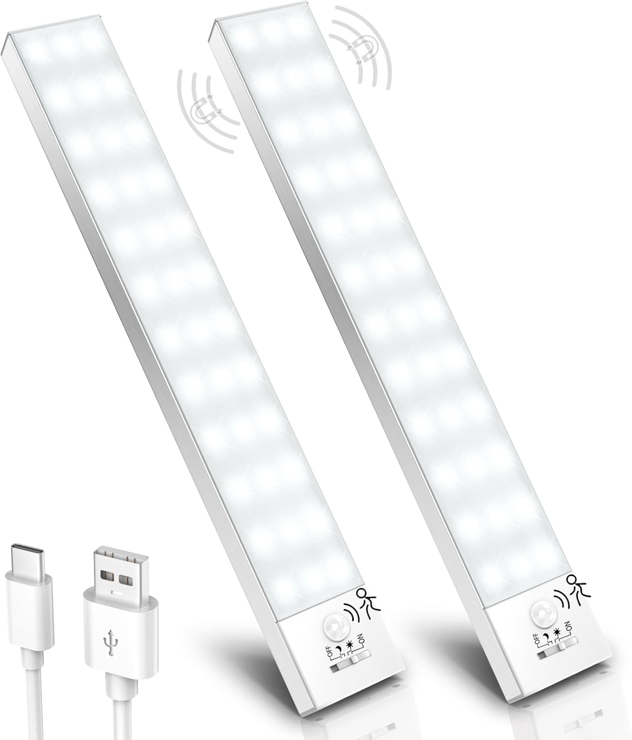 Ylatoial Lot De 2 Lampes De Placard LED 5000K Avec Détecteur De Mouvement - Rechargeables USB, Aimantées