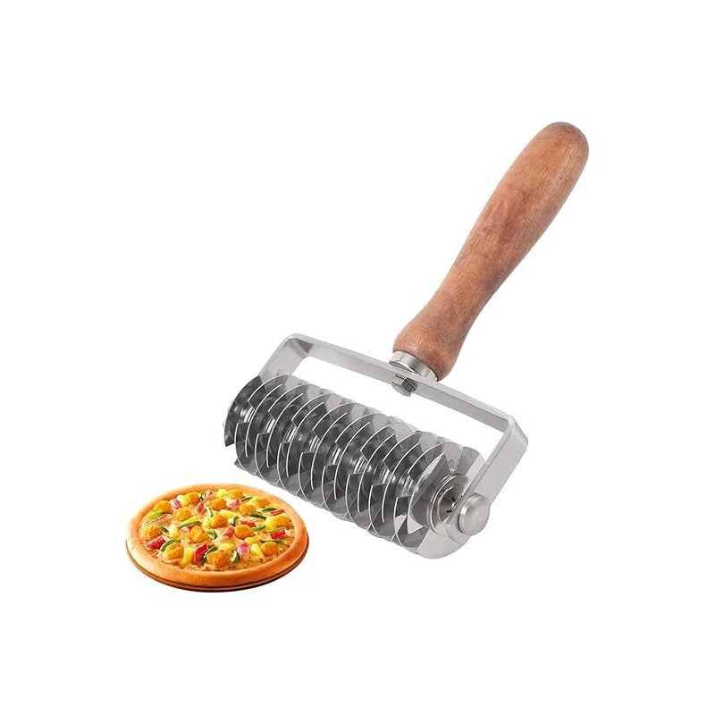 szt. Wałek do ciasta, wałek kratkowy do pizzy, nóż do ciasta ze stali nierdzewnej, nóż do wałkowania ciasta z drewnianą rączką do krojenia ciasta