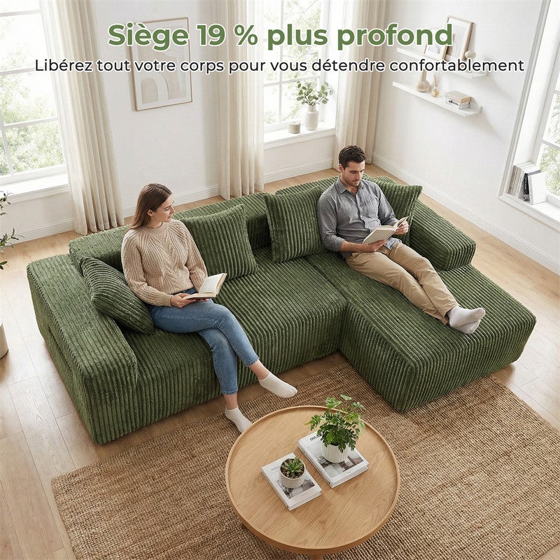 DRIPEX Canapé d'angle droit en velours côtelé avec 4 coussins,Canapé Modulable 4 places avec méridienne en L,261×156×80cm,Vert - 8