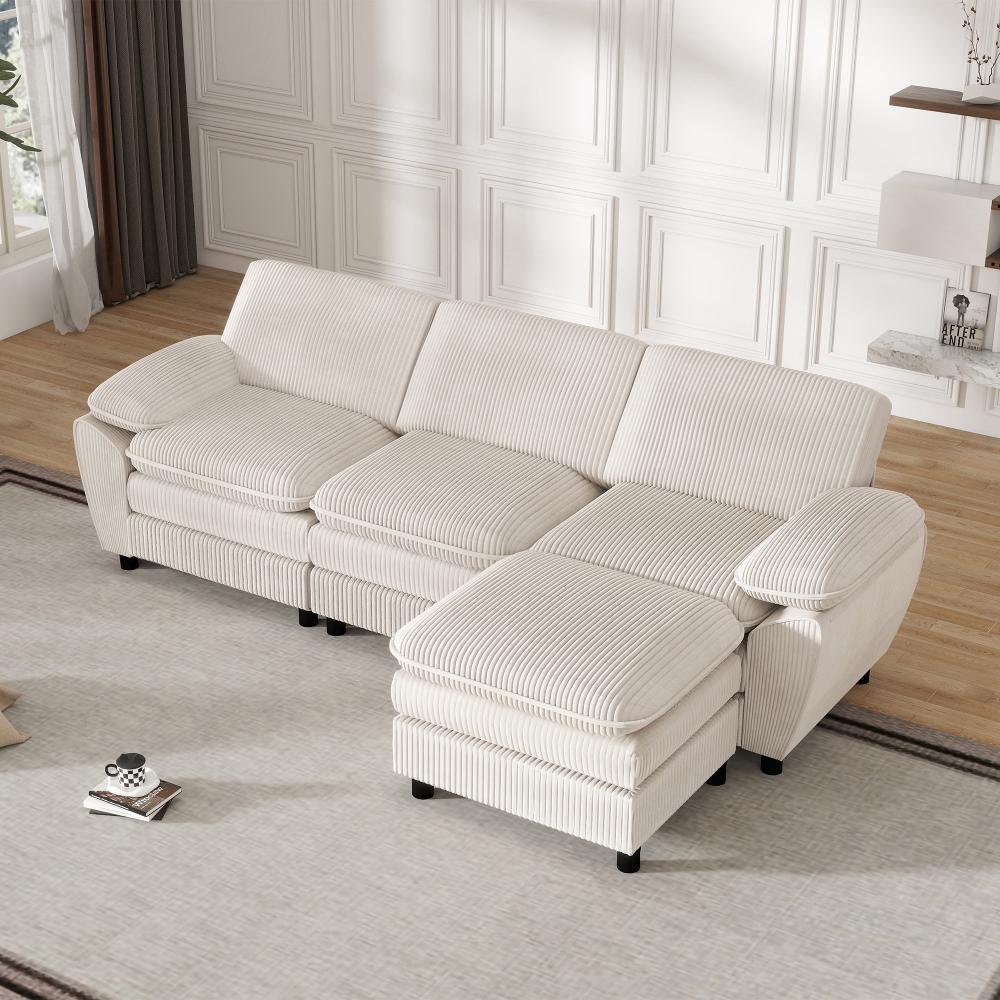 Modułowa sofa w kształcie litery L z wyjmowanym pufem, miękkim aksamitem, solidną drewnianą ramą i wyjmowanymi poduszkami.