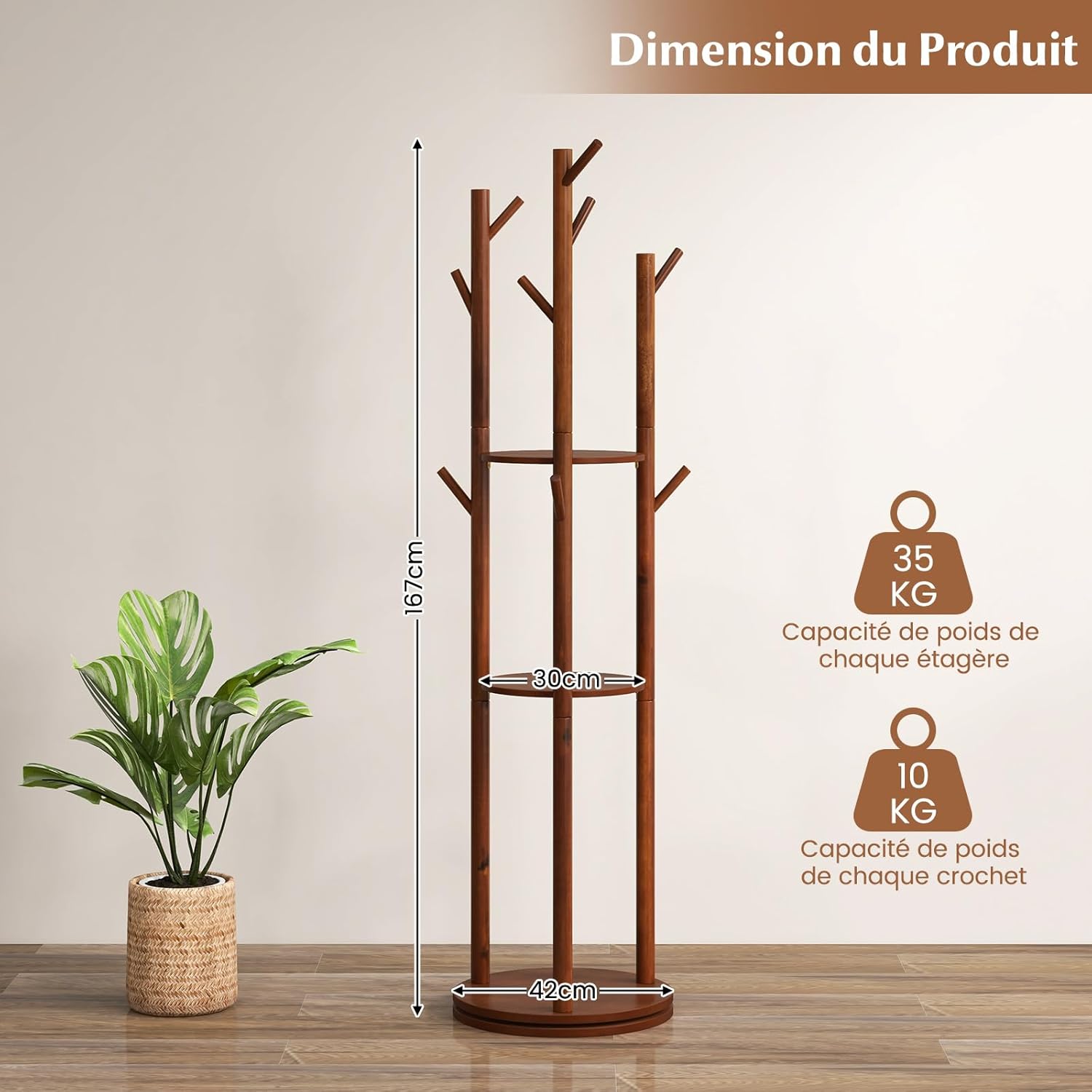 Porte Manteaux sur Pieds Rotatif en Bois, 9 Crochets, 3 Etagères, Portant à Vêtement 176CM pour Entrée, Couloir, Chambre, Base Ronde - 6
