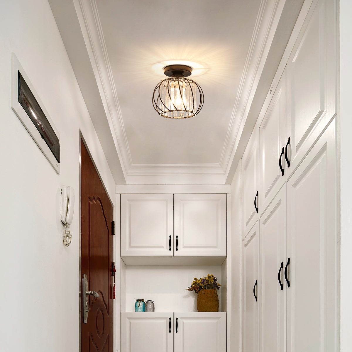GOECO Plafonnier Industriel Cristal et Métal Noir, Luminaire Plafond Vintage Ø19 cm, Douille E27 Sans Ampoule pour Salon Chambre Couloir - 6