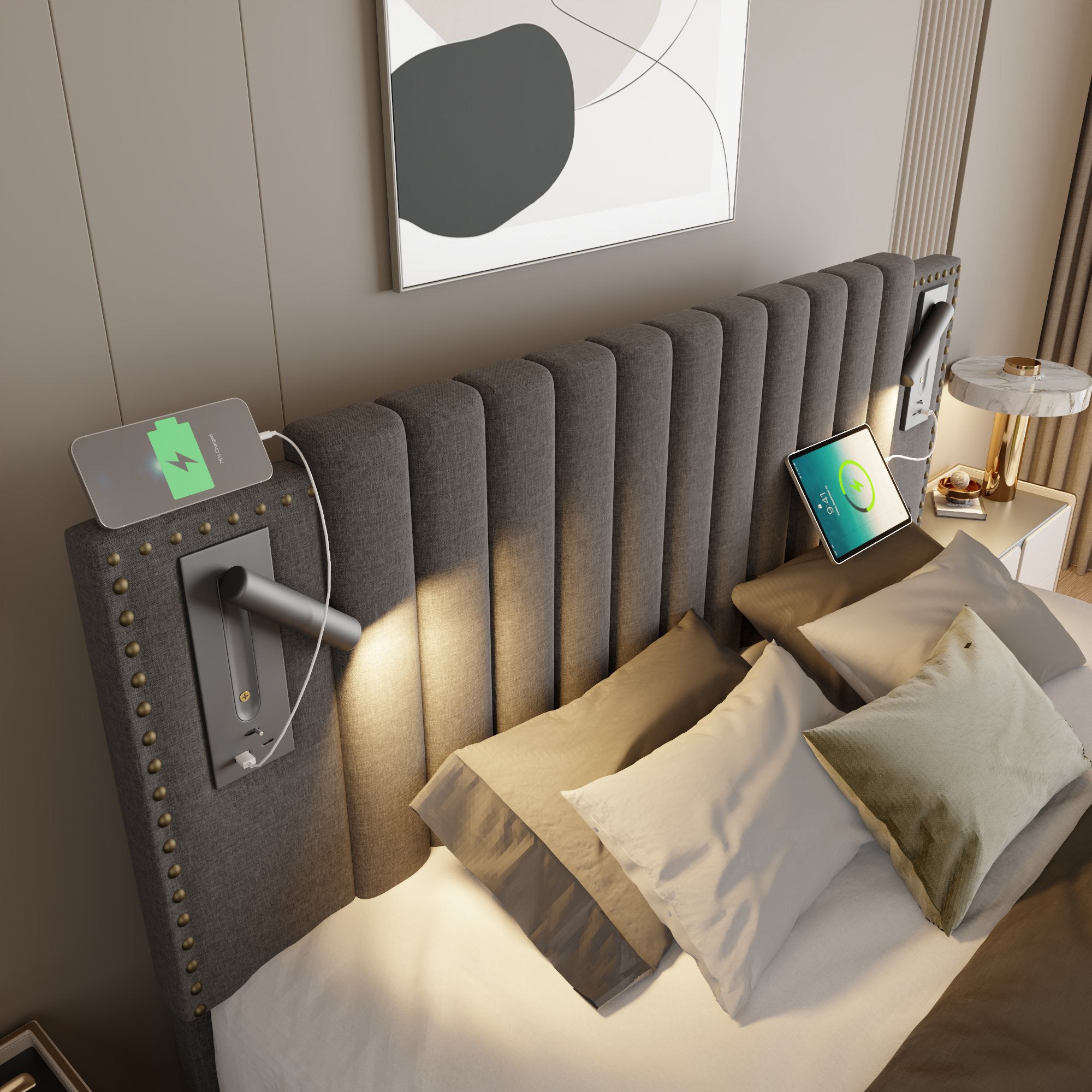Cama contenedor de tela de algodón de 160x200 cm - con luces de lectura y puertos de carga USB - con somier - Gris - 3