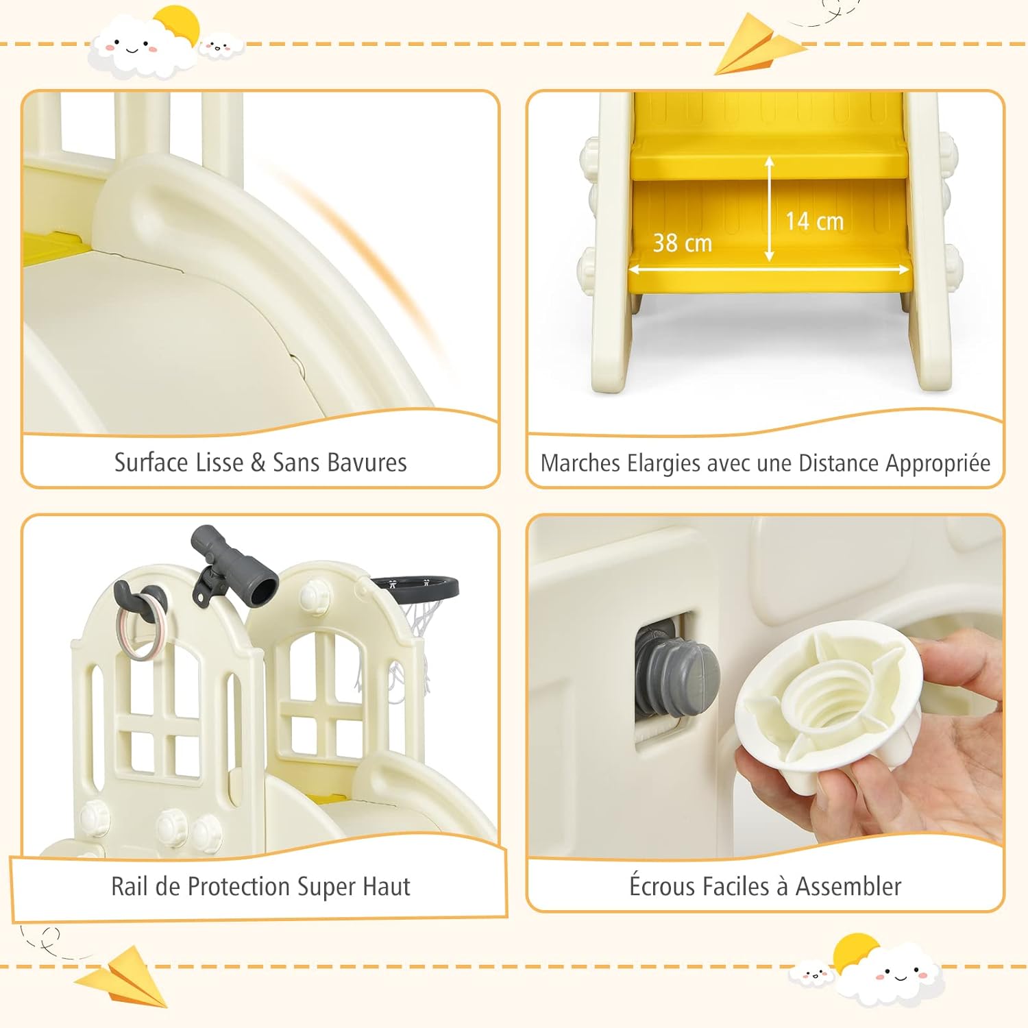 Toboggan 6 en 1 pour Enfant - Glisse de 140 CM,Aire de Jeux Extérieure 3-8 Ans, Jaune - 7