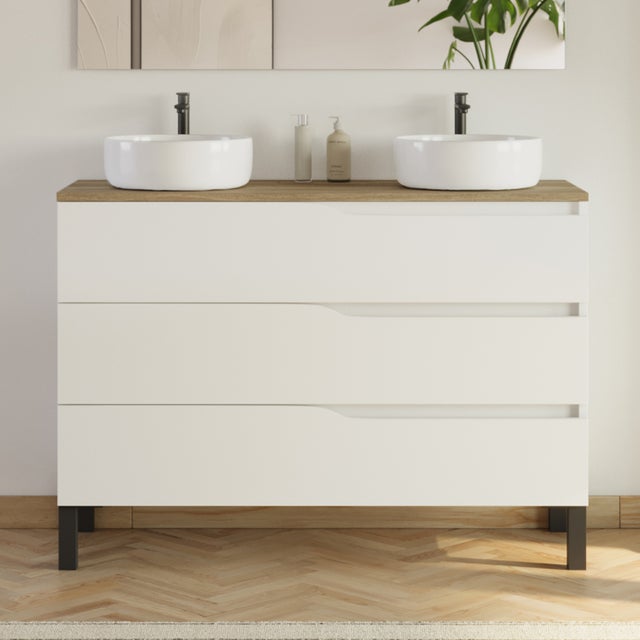 Meuble de salle de bain 120cm avec plateau miel et 2 vasques à poser Ares - 3 tiroirs - sans miroir - blanc - MATA
