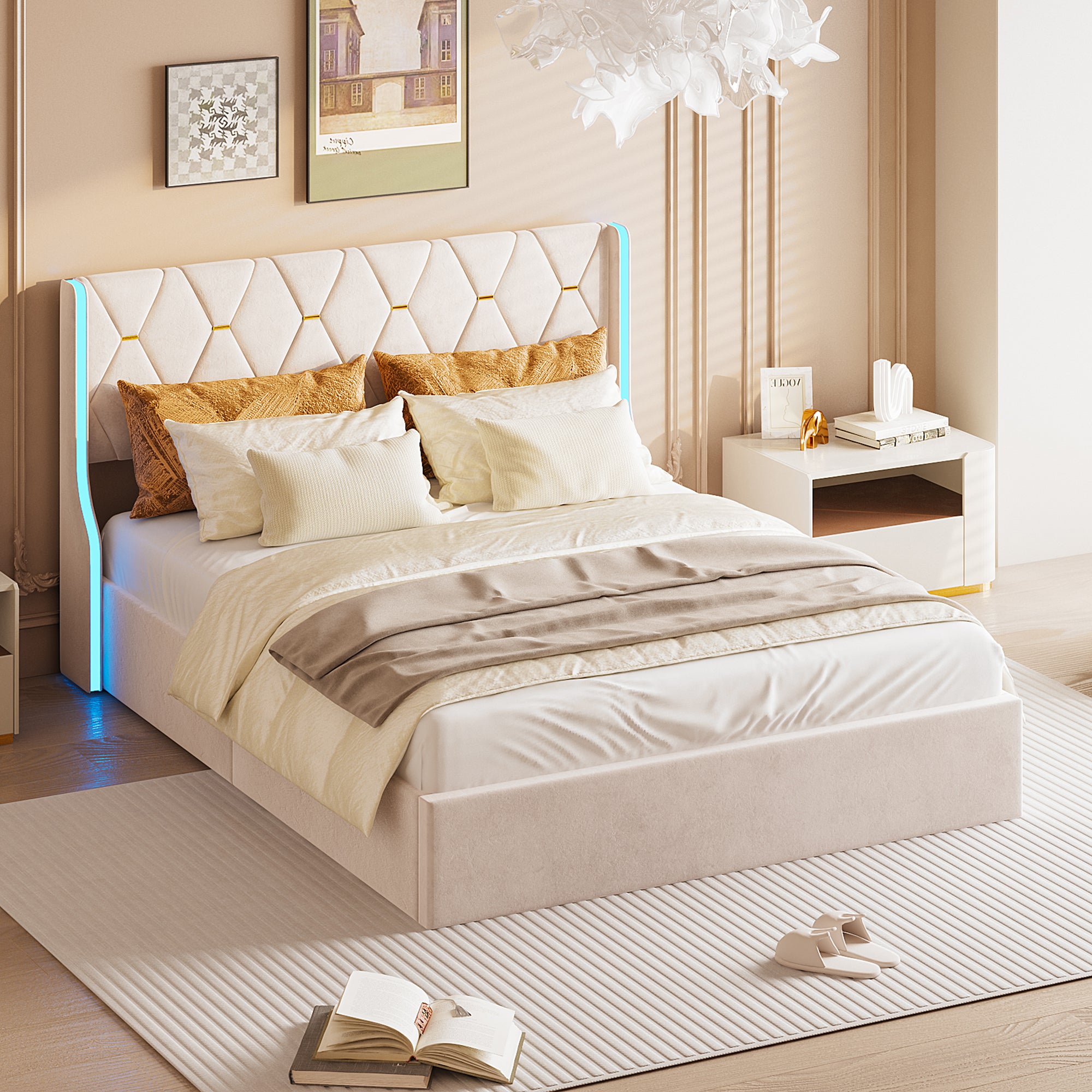 Cama Baúl 140x200 cm con Almacenamiento y LED, Cadre de Cama con Sommier de Listones, Tela de Velours - Color Beige - 2