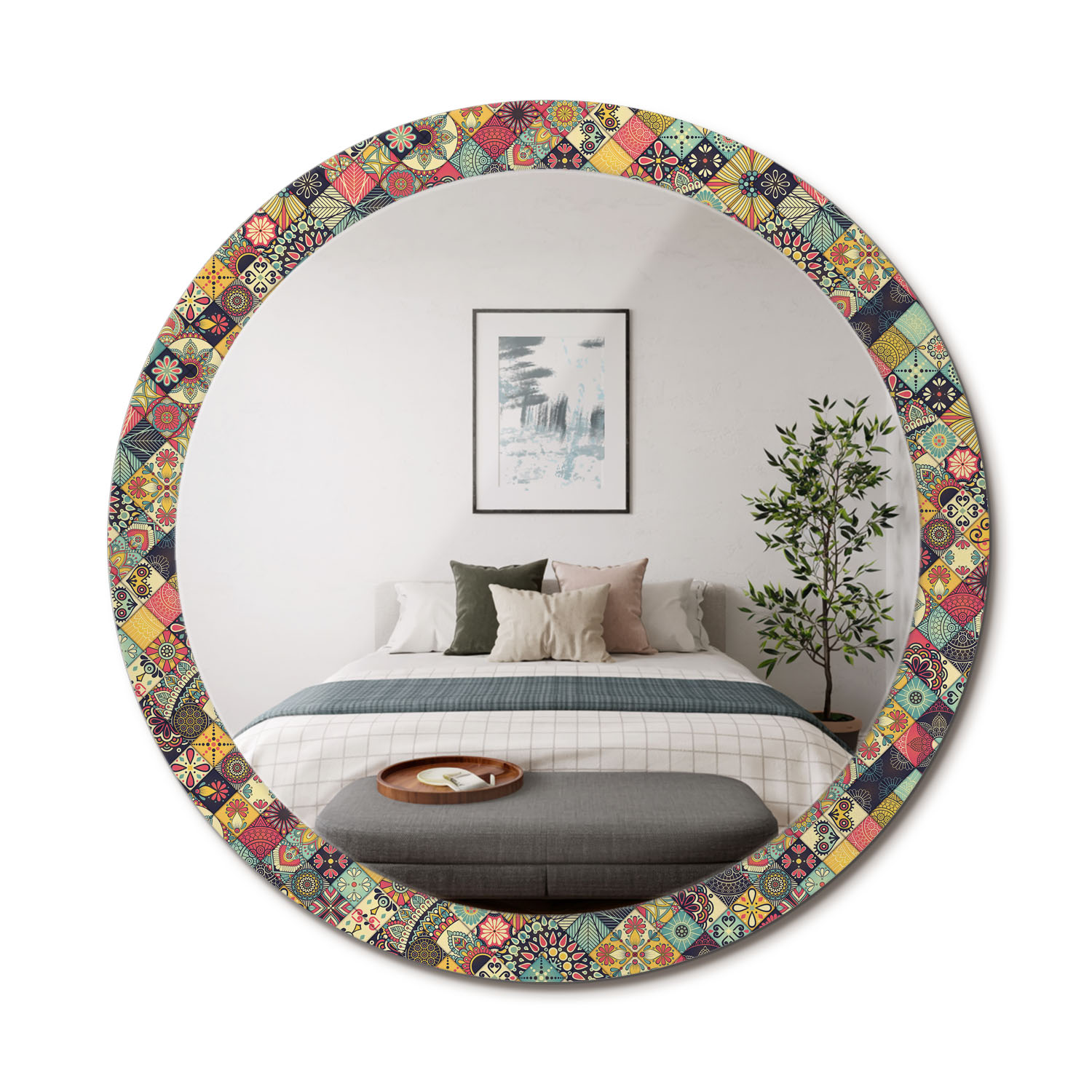 Espejo redondo decorativo con marco de vidrio templado e impresión moderna patchwork de azulejos - 90 cm - artprintcave