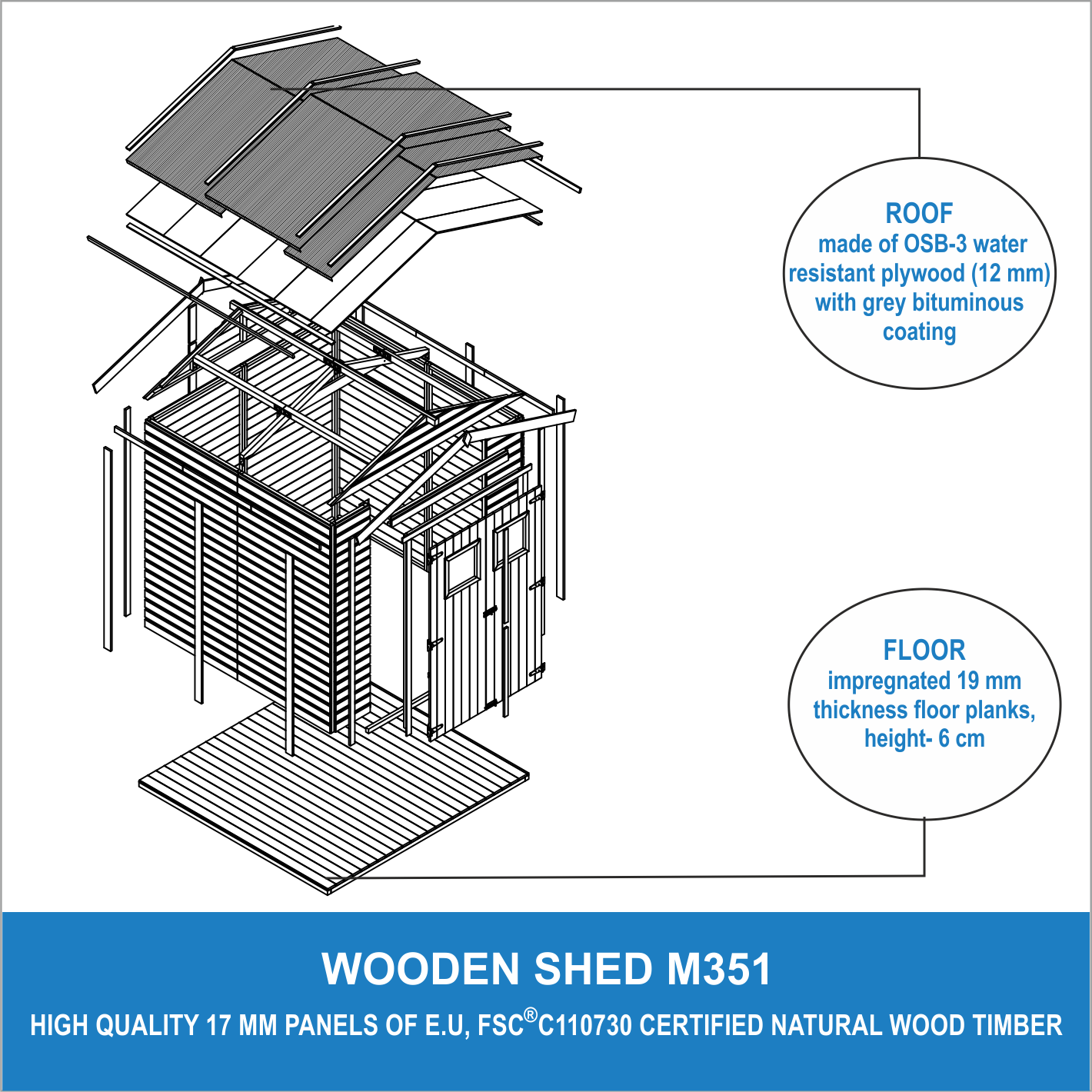 Abri de Jardin en Bois Naturel PLUS LES PLANCHERS IMPRÉGNÉ - Stockage extérieur avec fenêtres H228x222x233 cm/4,2 m² - TIMBELA M351+M351G - 5
