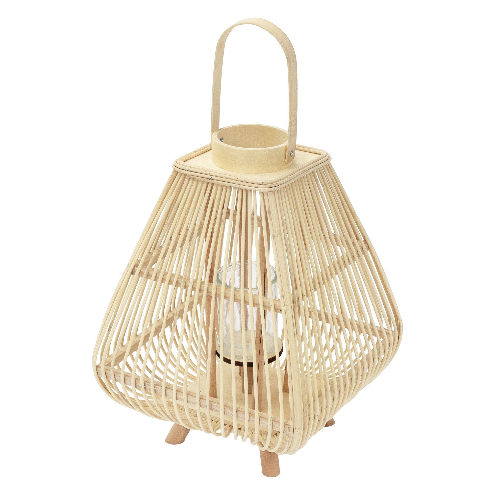 ECD Germany Lampion dekoracyjny latarnia bambusowa 55,5 cm, stylowa ozdoba boho z uchwytem i szklanym wkladem do ogrodu i wnetrz w kolorze naturalnym