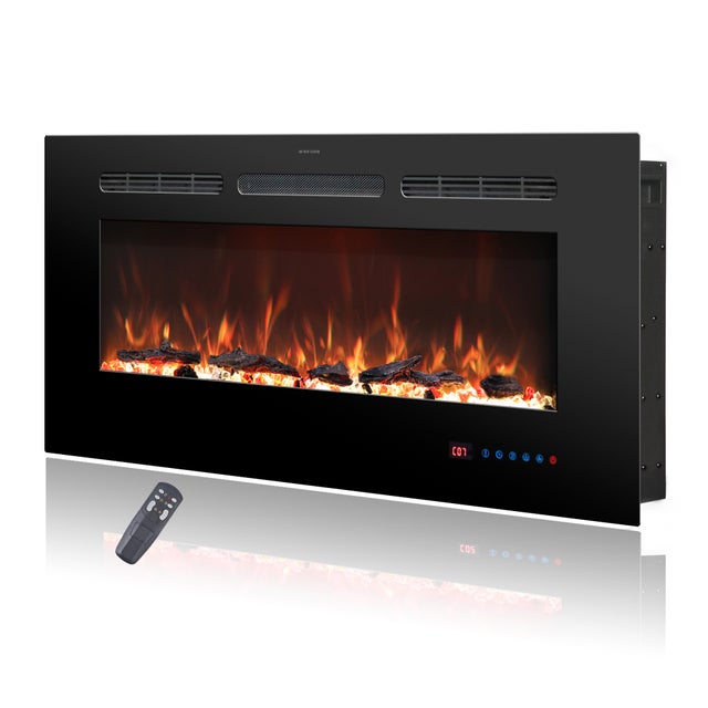 Parrot Uncle Chimenea Eléctrica Empotrable y de Pared, Calefacción 750W/1500W, 13 Colores de Llama LED, Control Remoto y Temporizador