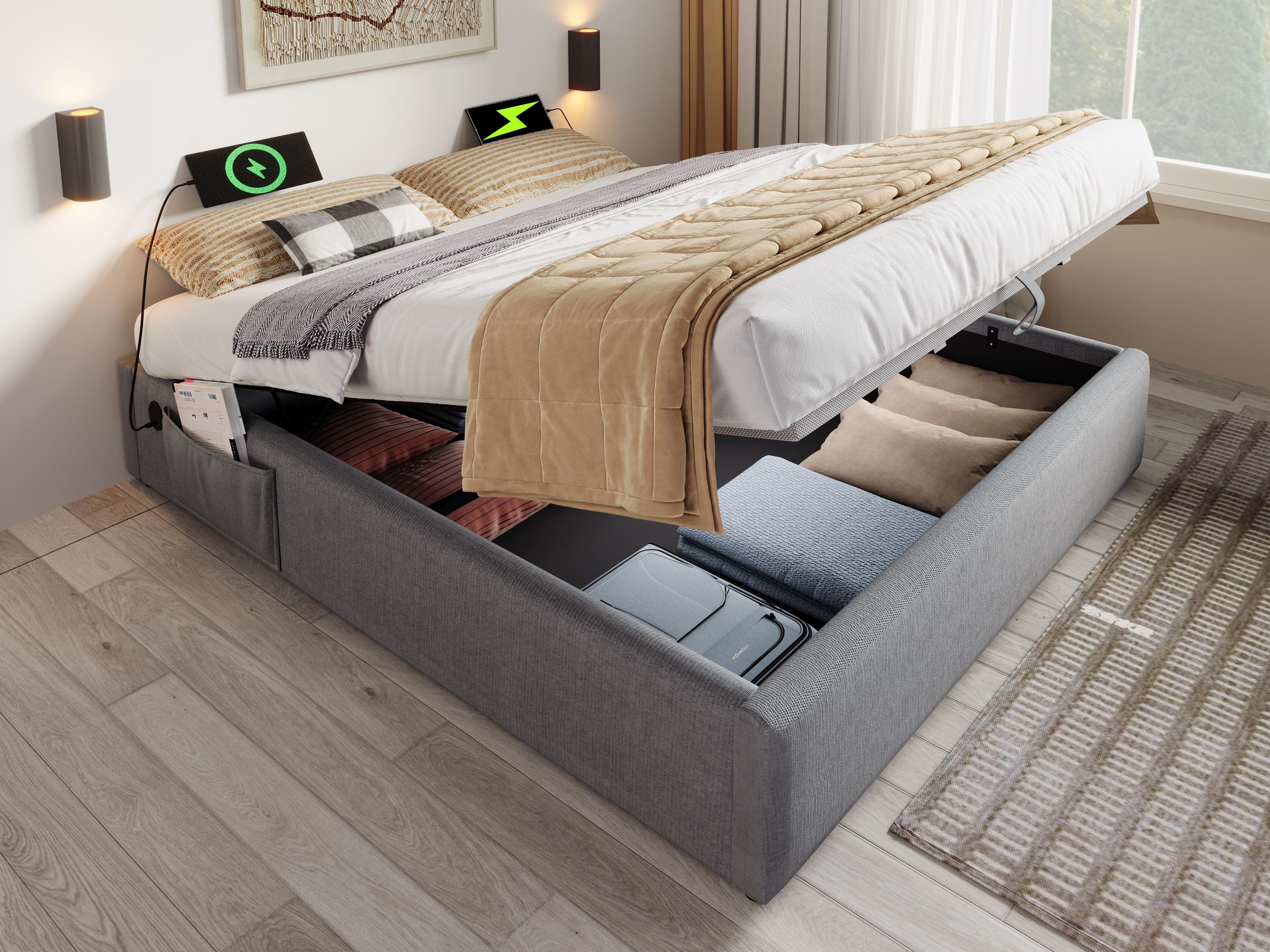 Letto cassapanca imbottito 160×200 cm - tessuto lino - con prese ...