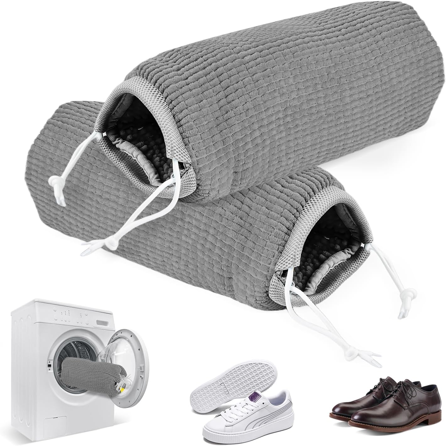 Lote de 2 bolsas de lavado de zapatos reutilizables, de chenilla con cordón (gris)