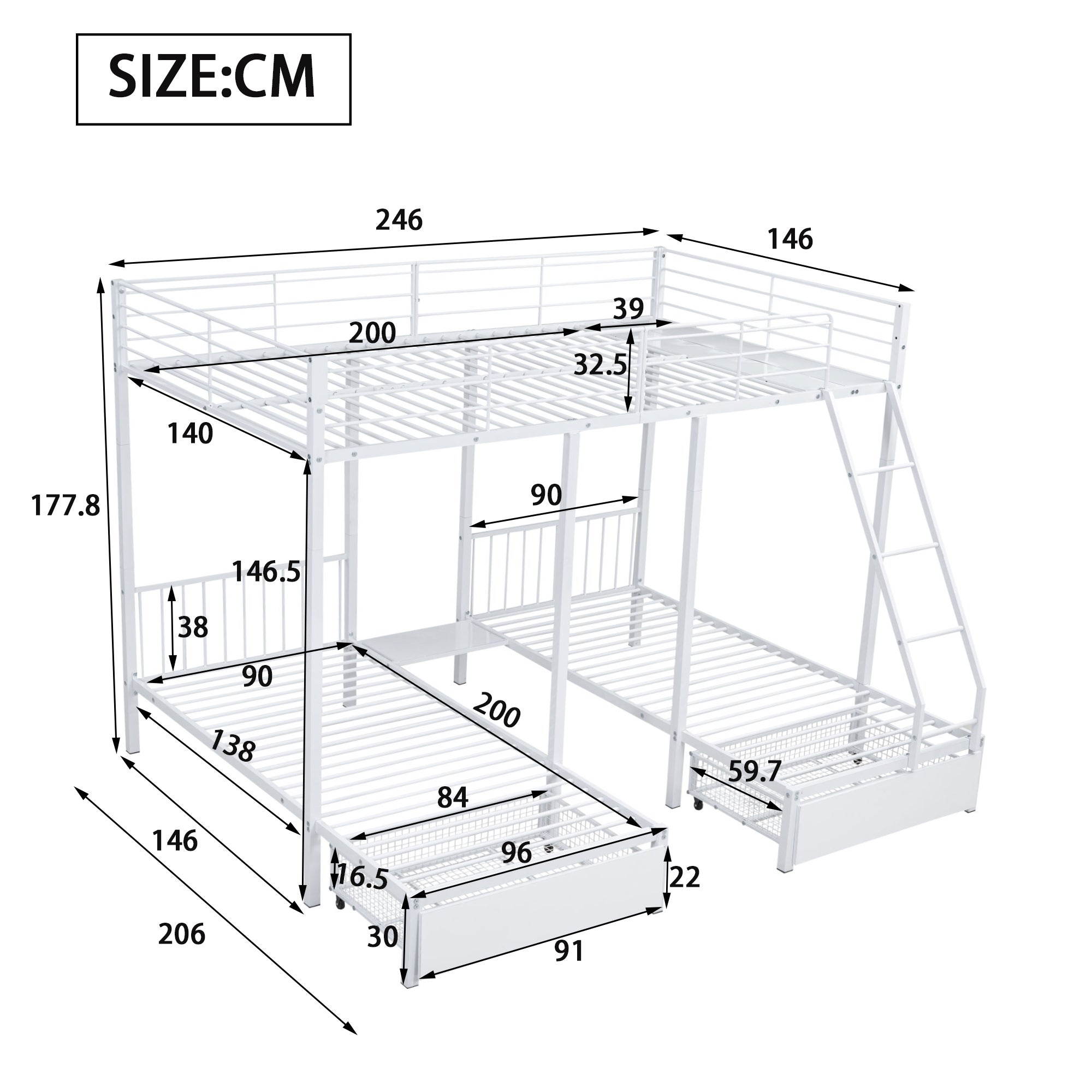 Wielofunkcyjne łóżko piętrowe dla 3 dzieci z 2 szufladami - 140x200cm i 90x200cm - rama z materacem - Białe (materac nie jest w zestawie) - 9