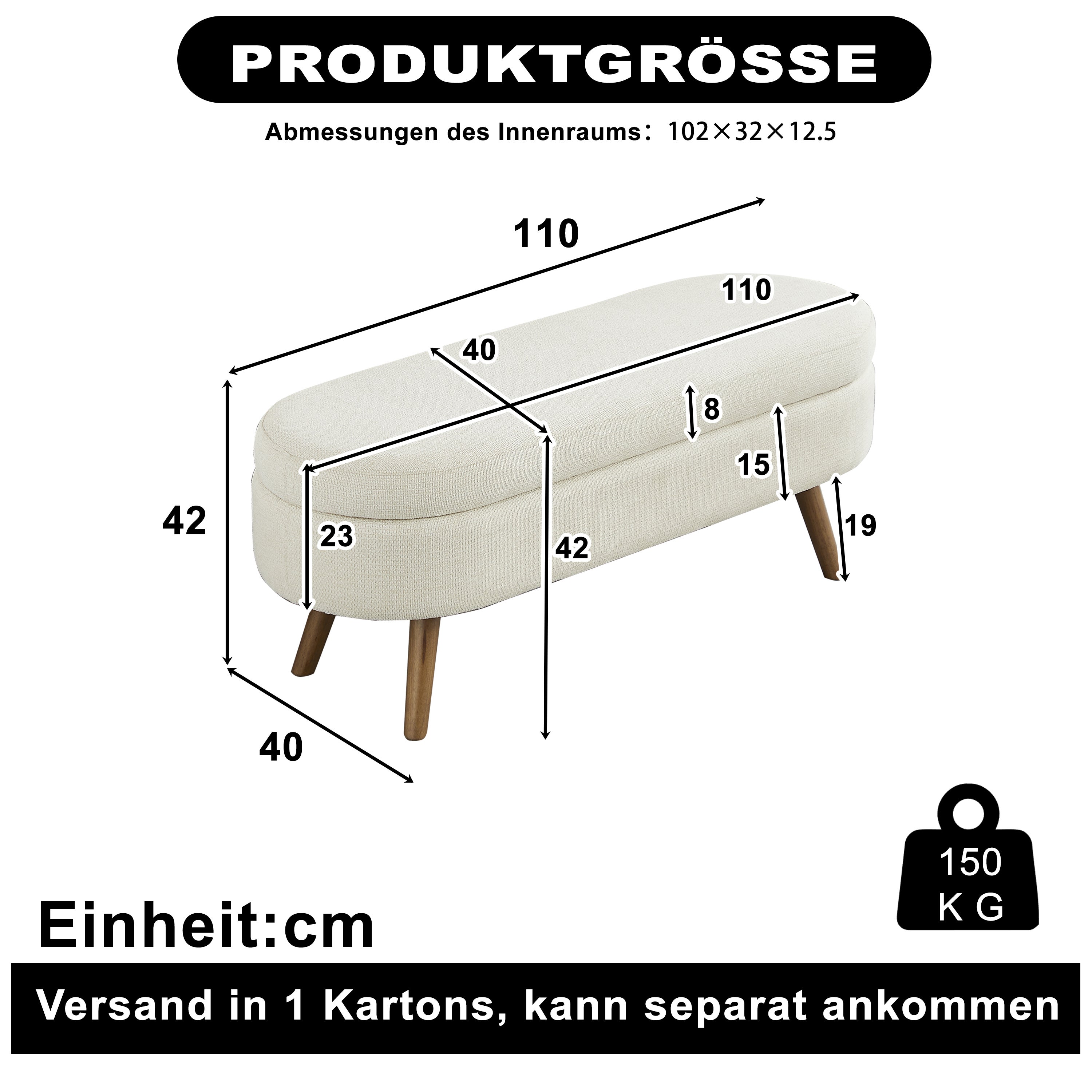 Banc coffre 110 cm, aération intégrée, forme ovale, chenille beige - 3