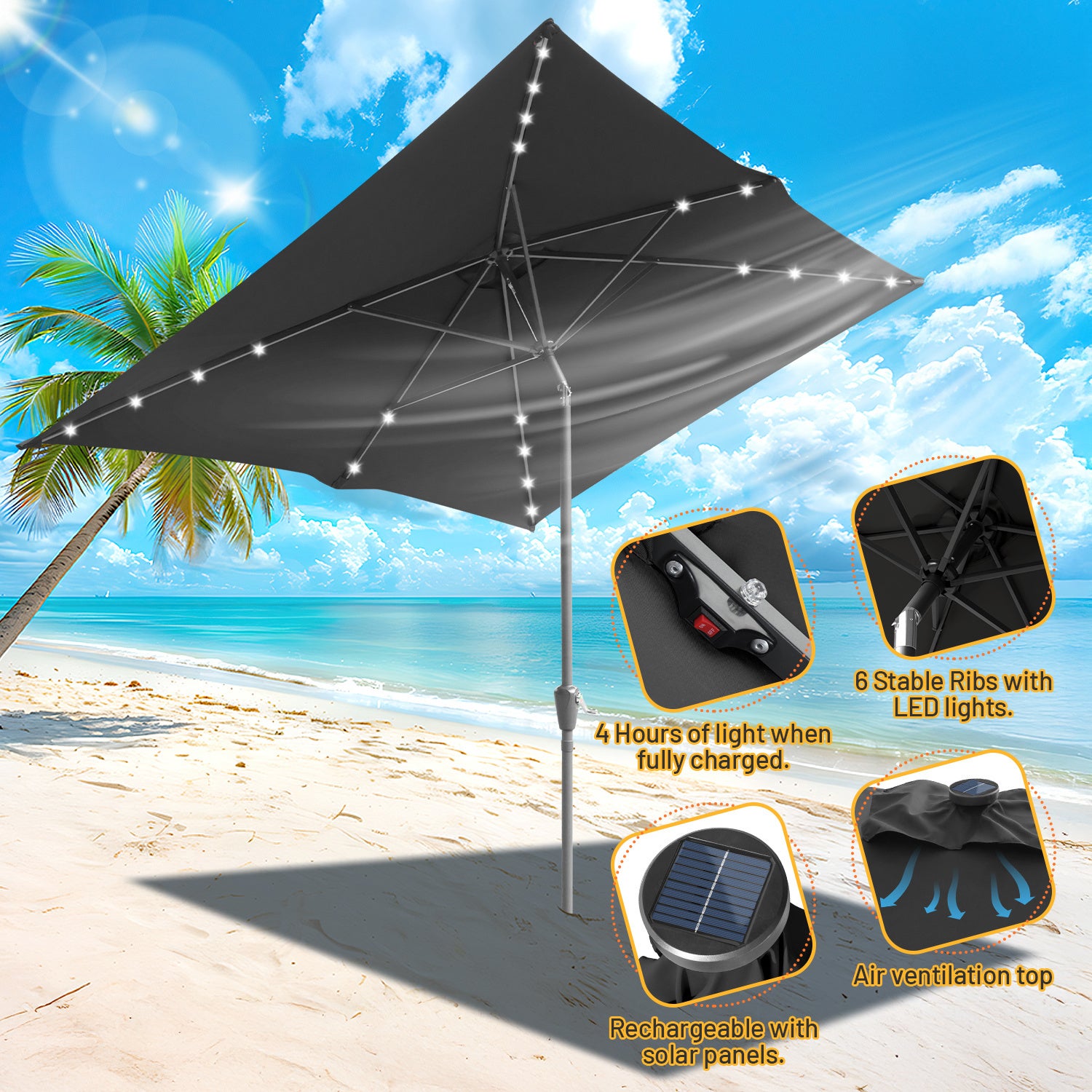 Parasol terrasse 2 × 3 m avec LED – Parasol extérieur rectangulaire, gris - 7