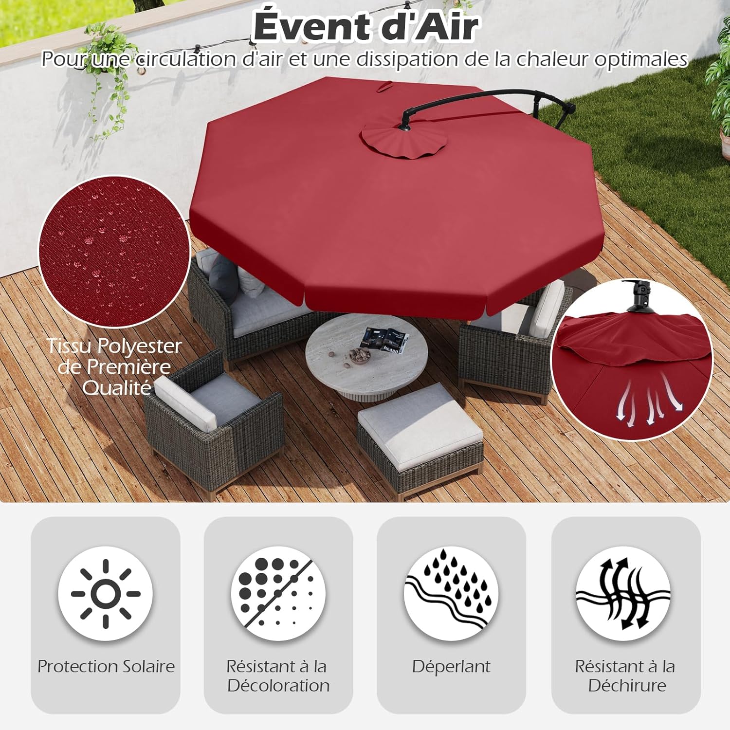 Parasol Déporté 3x3m avec Housse, Grand Parasol de Jardin Exterieur,8 Baleines et Base Croisée, Parasol Inclinable Suspendu avec Manivelle(Rouge) - 3