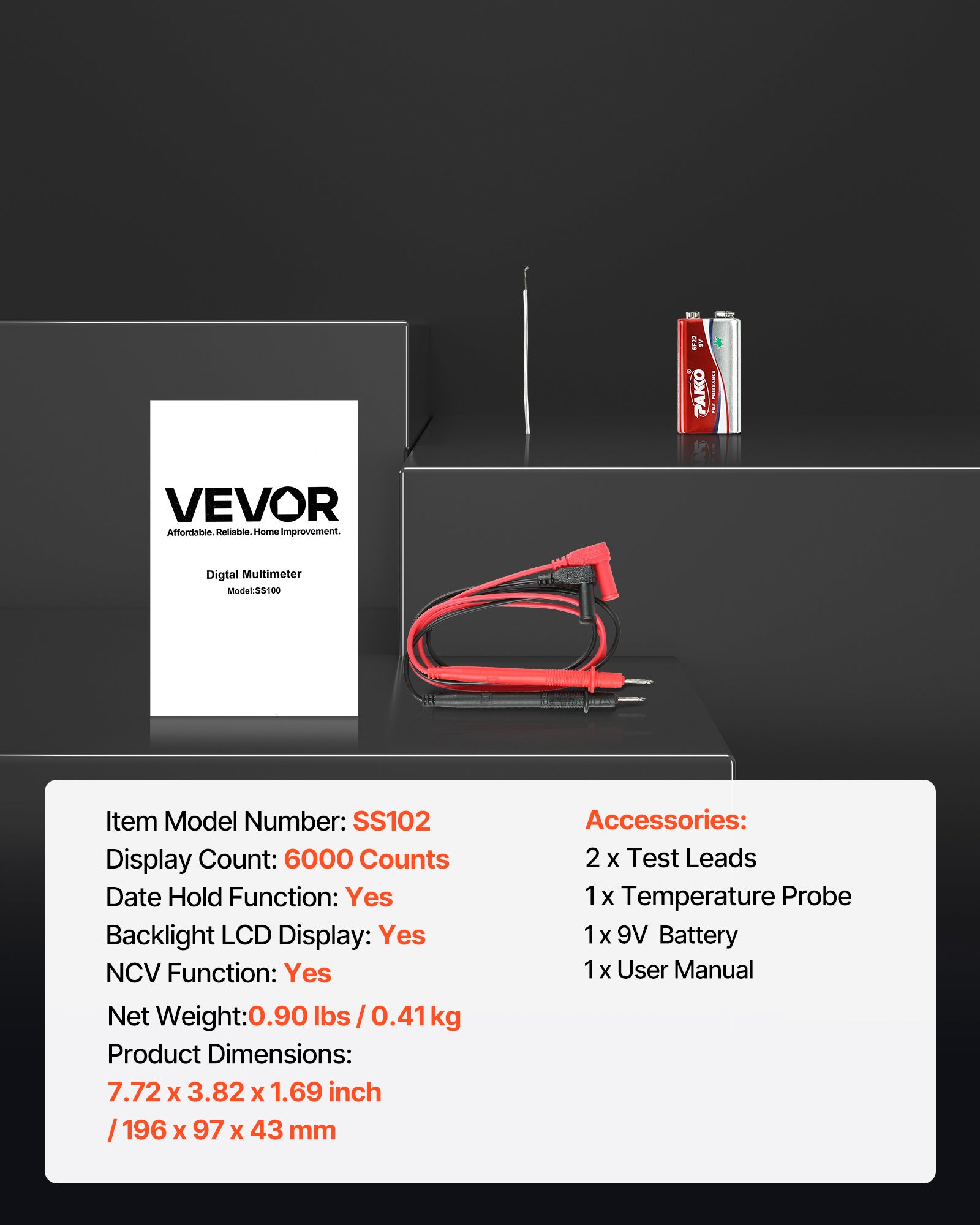 Multimètre Numérique VEVOR, 6000 Points, Multimètre Professionnel NCV TRMS Voltmètre Test de Tension CA CC, Courant, Diodes, Continuité, Cycle Service - 7