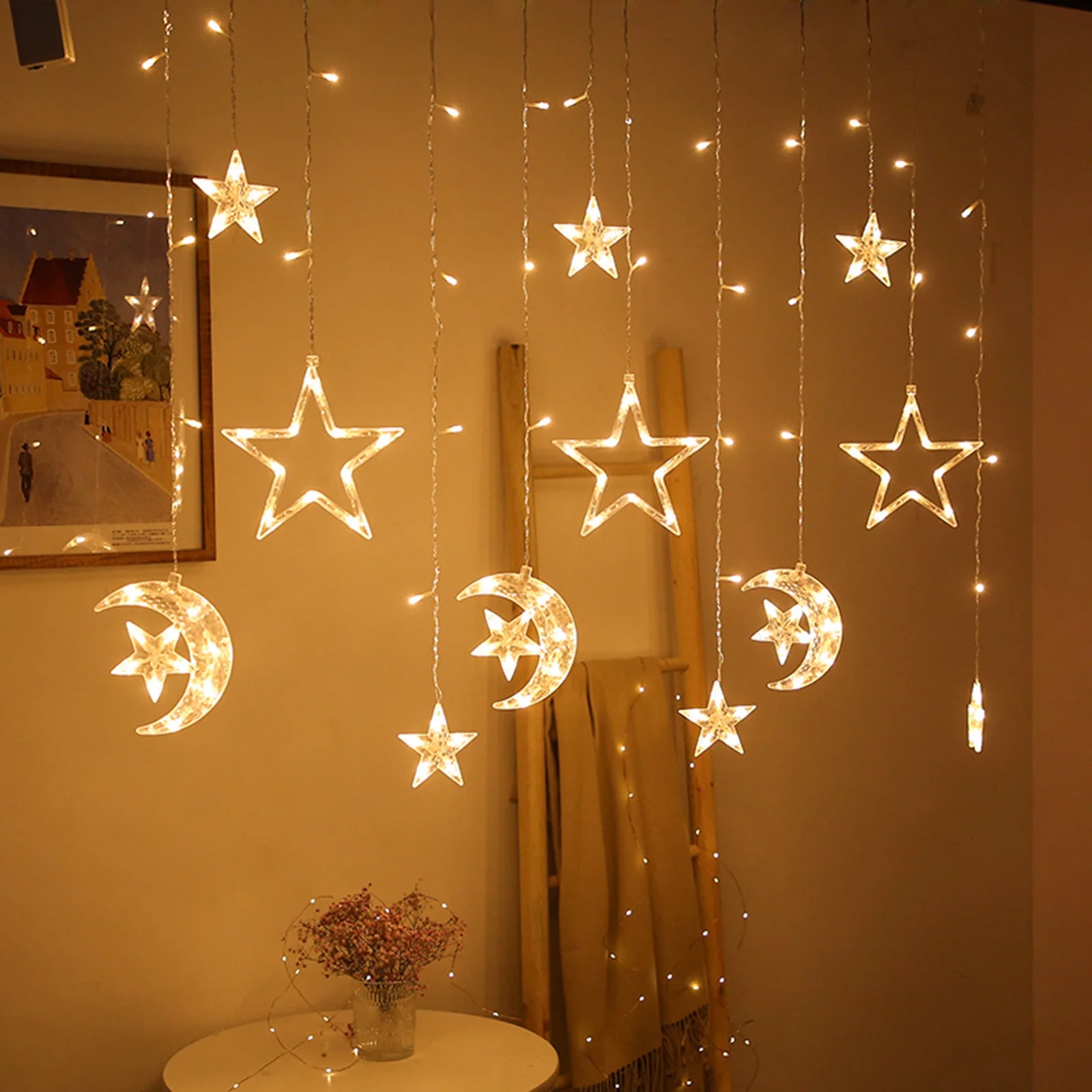 Guirlande lumineuse LED Star Moon, rideau lumineux de Noël de 3,5 m avec télécommande, décorations de Noël, 8 modes d'éclairage, blanc chaud - 3
