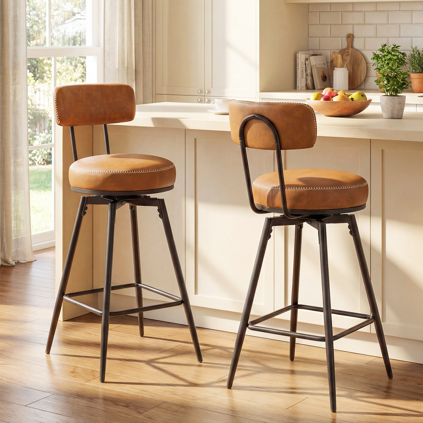 Lot de 2 Tabourets Bar Pivotants, Chaises de Bar avec Dossier Rembourré, Repose-Pieds, Pieds en Métal, Hauteur d'Assise 73 cm, Marron - 2